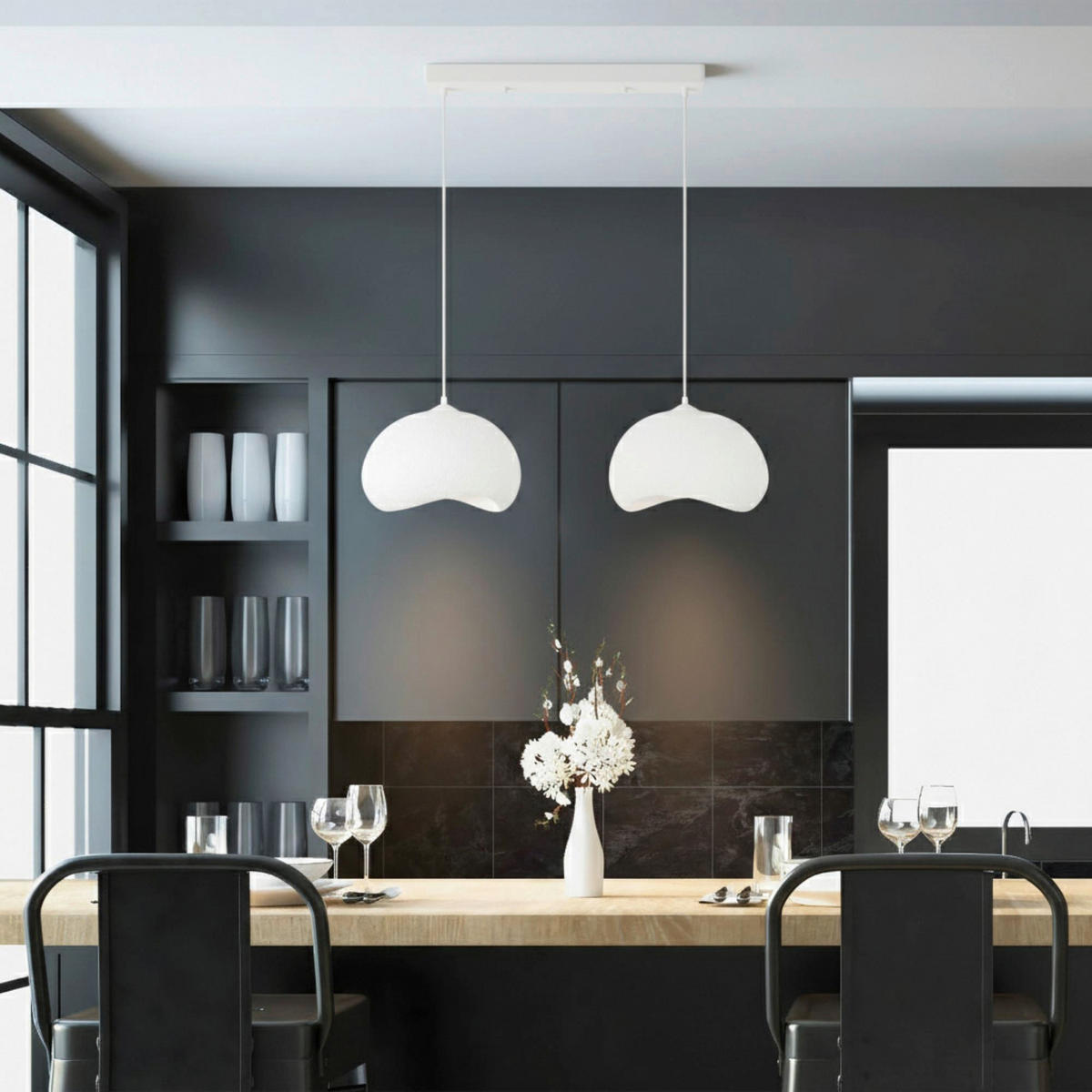 Opviq Pendelleuchte weiß Metall Polyester-Mischgewebe B/H/L: ca. 29x120x34 cm E27 2 Brennstellen Yontu - 15852 - A - weiß (34,00/29,00/120,00cm) - Opviq