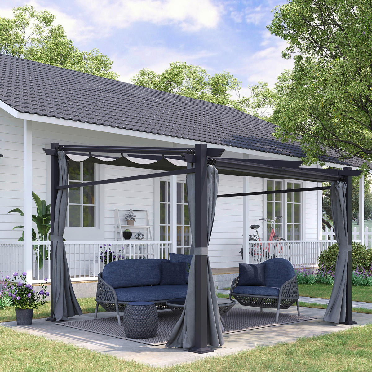 Outsunny Pergola mit Sonnendach grau Polyester B/H/L: ca. 295x230x297 cm Pergola_mit_Sonnendach - grau (297,00/295,00/230,00cm) - Outsunny