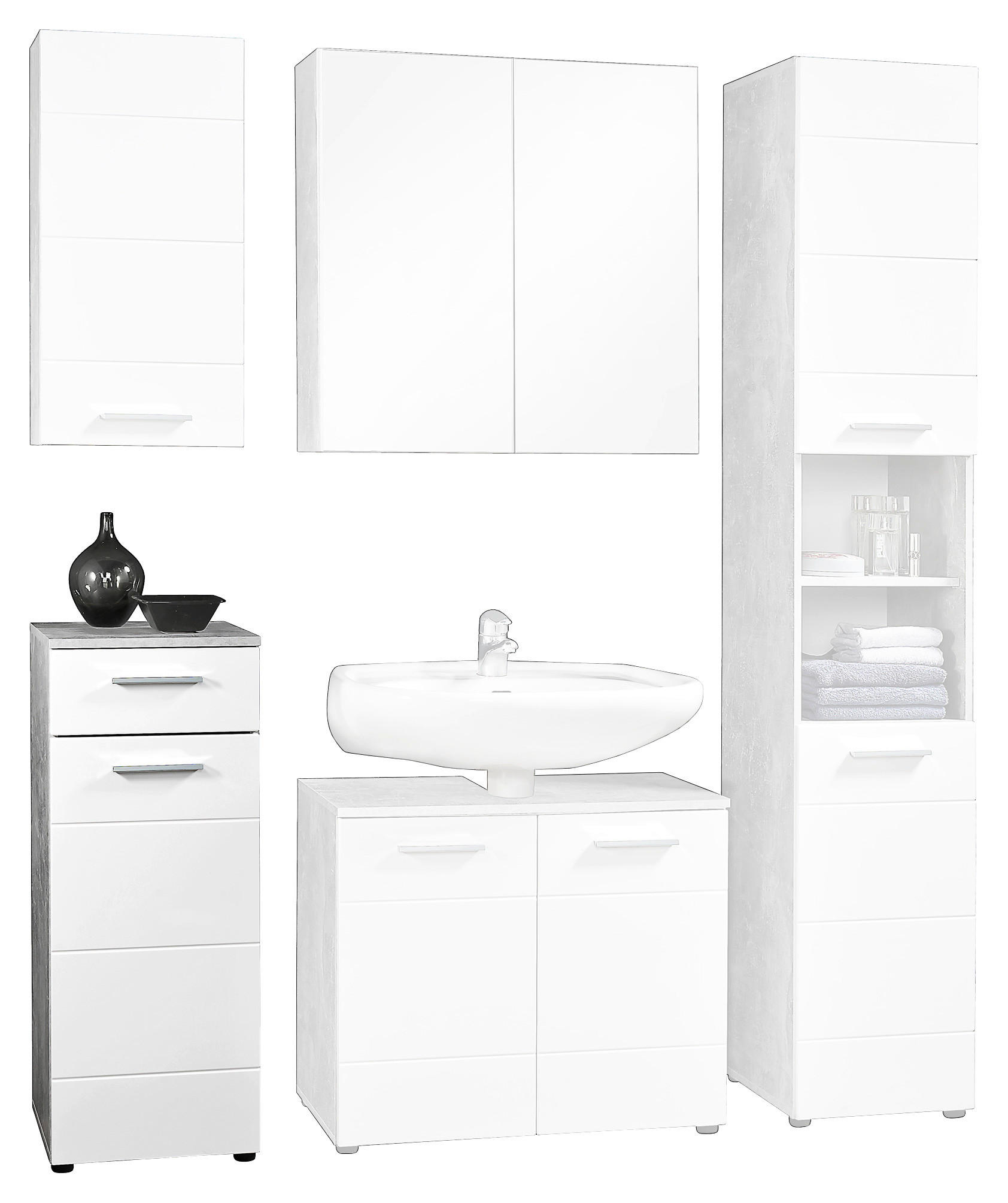 Badkommode Stockholm Beton Optik weiß Hochglanz B/H/T: ca. 35x89x35 cm Stockholm - weiß (35,00/89,00/35,00cm)