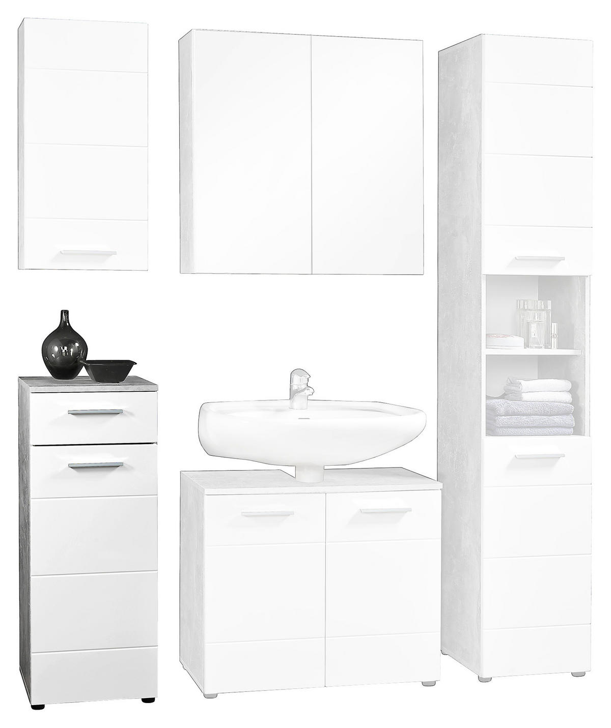 Badkommode Stockholm Beton Optik weiß Hochglanz B/H/T: ca. 35x89x35 cm Stockholm - weiß (35,00/89,00/35,00cm)