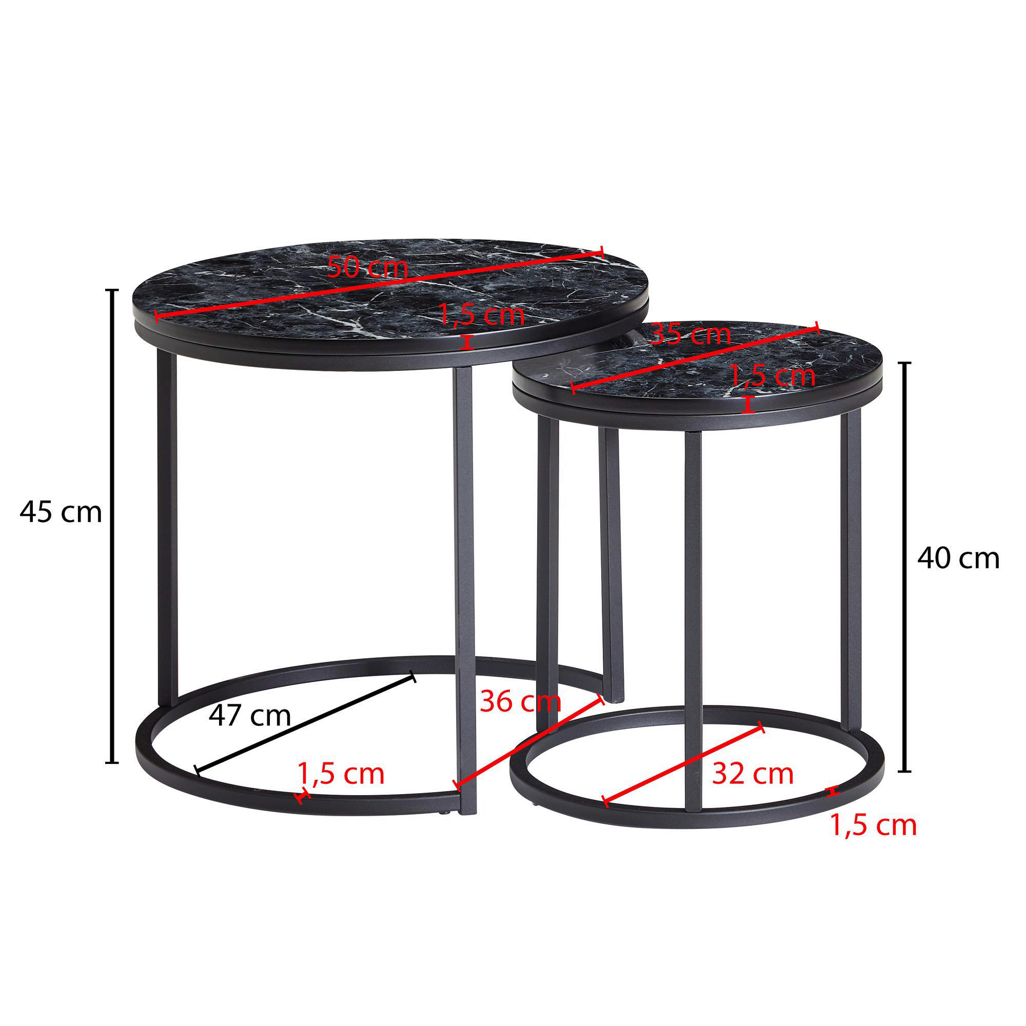 Couchtisch 2er-Set. schwarz Marmor Optik schwarz 2er-Set. - schwarz - Wohnling