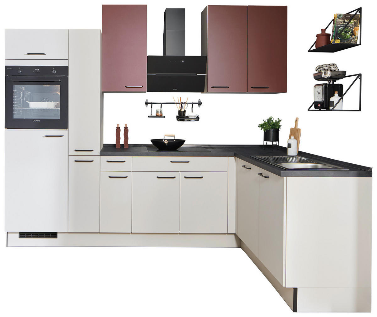 pino Winkelküche PN210 Kaschmirgrau Lacklaminat supermatt B/H/T: ca. 275x235x175 cm PN210 - rot/schwarz (275,00/235,00/175,00cm) - pino