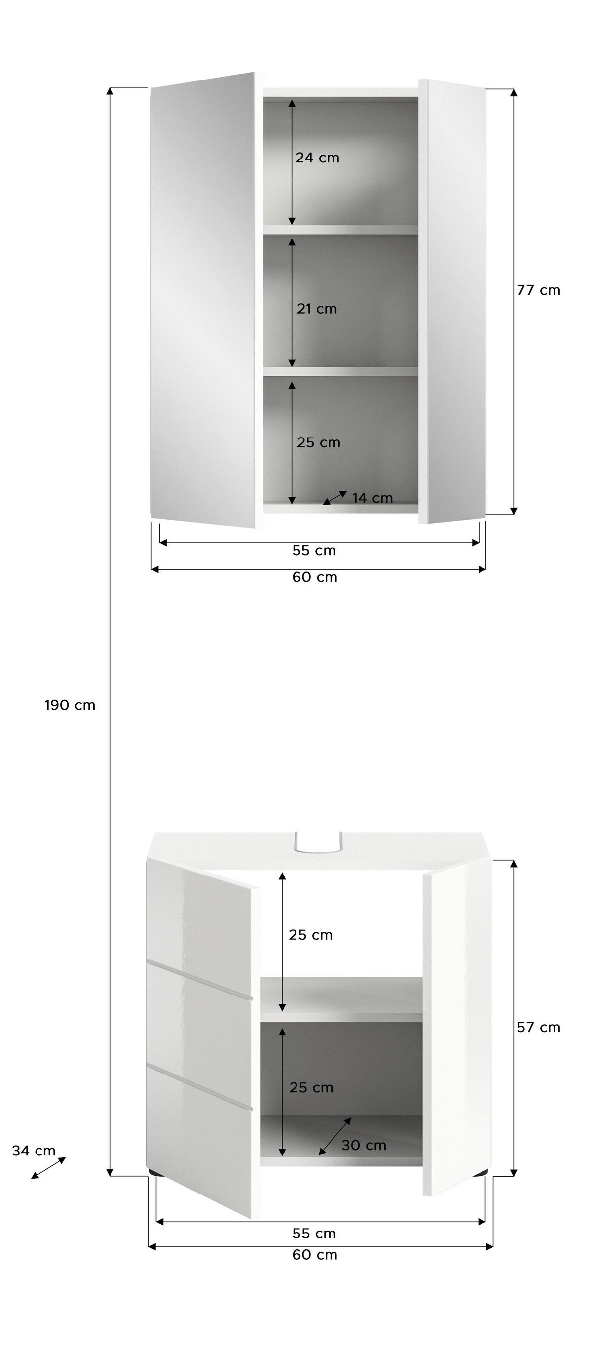 Badezimmer-Set VIRA weiß weiß Hochglanz B/H/T: ca. 60x190x34 cm VIRA - weiß (60,00/190,00/34,00cm) - xonox.home