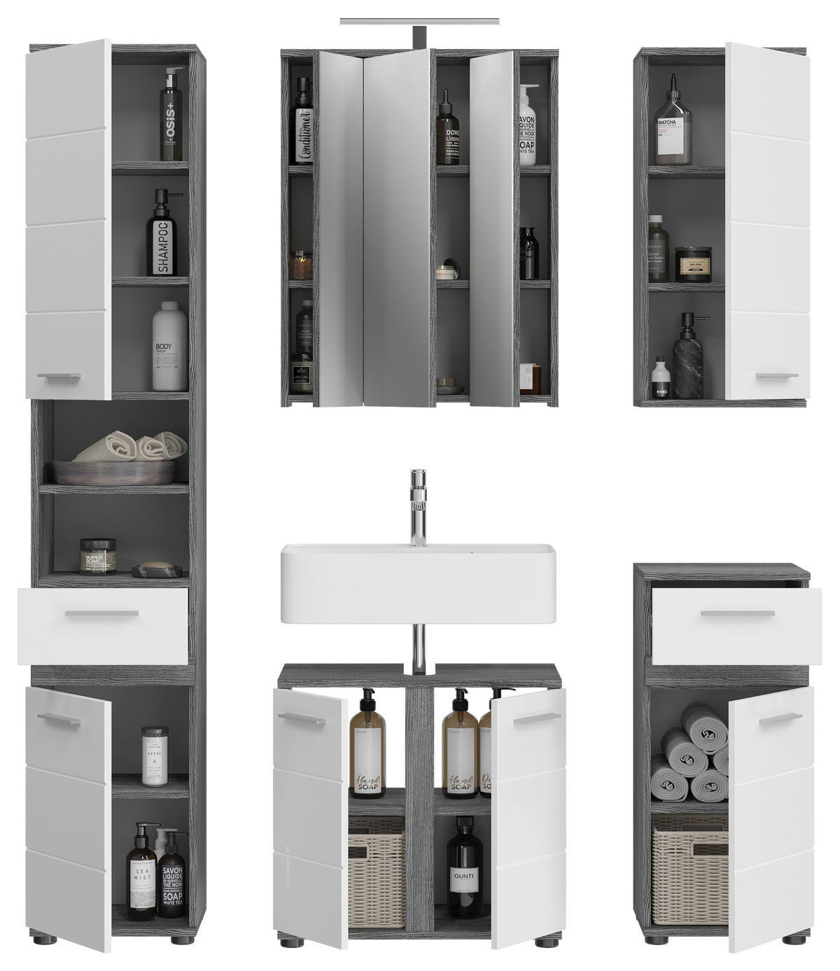 Badezimmer-Set BLAKE Rauchsilber Nachbildung weiß Hochglanz B/H/T: ca. 164x191x34 cm BLAKE - weiß (164,00/191,00/34,00cm) - xonox.home