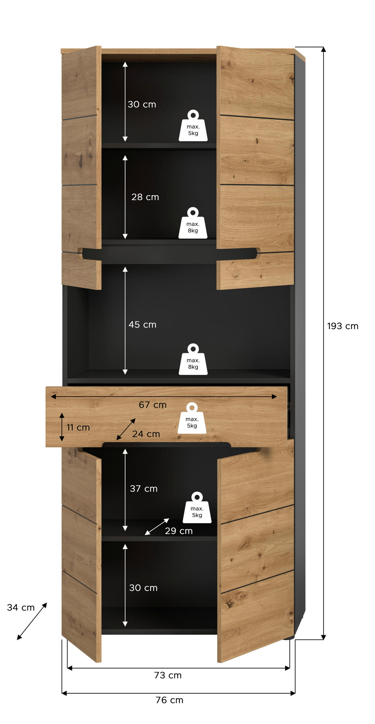 Hochschrank Canu Basalt Eiche Artisan Nachbildung B/H/T: ca. 76x193x34 cm Canu - Eiche/Basalt (76,00/193,00/34,00cm) - xonox.home