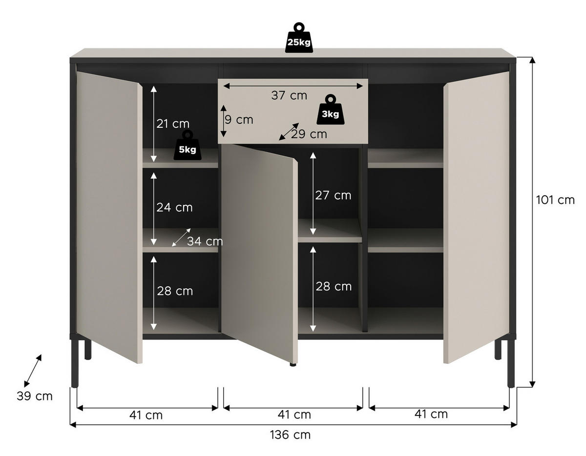 Kommode Tron Kaschmirgrau Nachbildung schwarz B/H/T: ca. 136x101x38 cm Tron - schwarz (136,00/101,00/38,00cm) - xonox.home