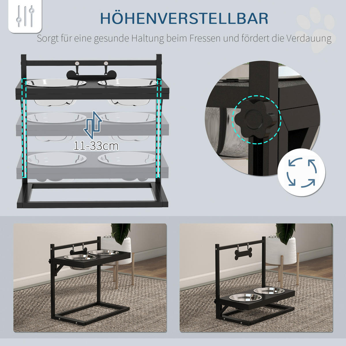 PawHut Tier-Zubehör schwarz Edelstahl B/H/L: ca. 22x40,5x39 cm Futterstation - schwarz (39,00/22,00/40,50cm) - PawHut