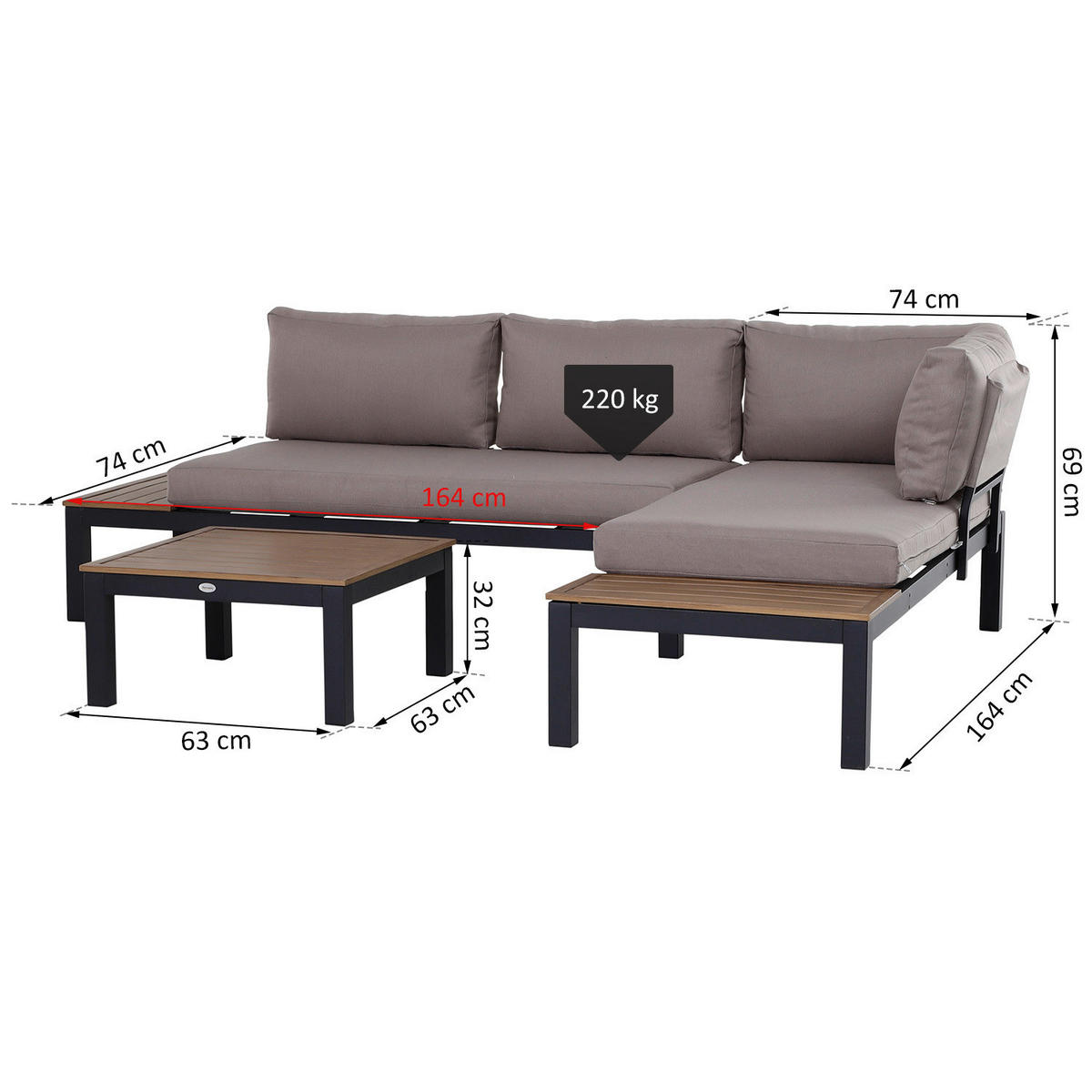 Outsunny Gartengarnitur grau Aluminium B/H/L: ca. 164x69x74 cm Gartengarnitur_mit_Beistelltisch - natur/grau (74,00/164,00/69,00cm) - Outsunny