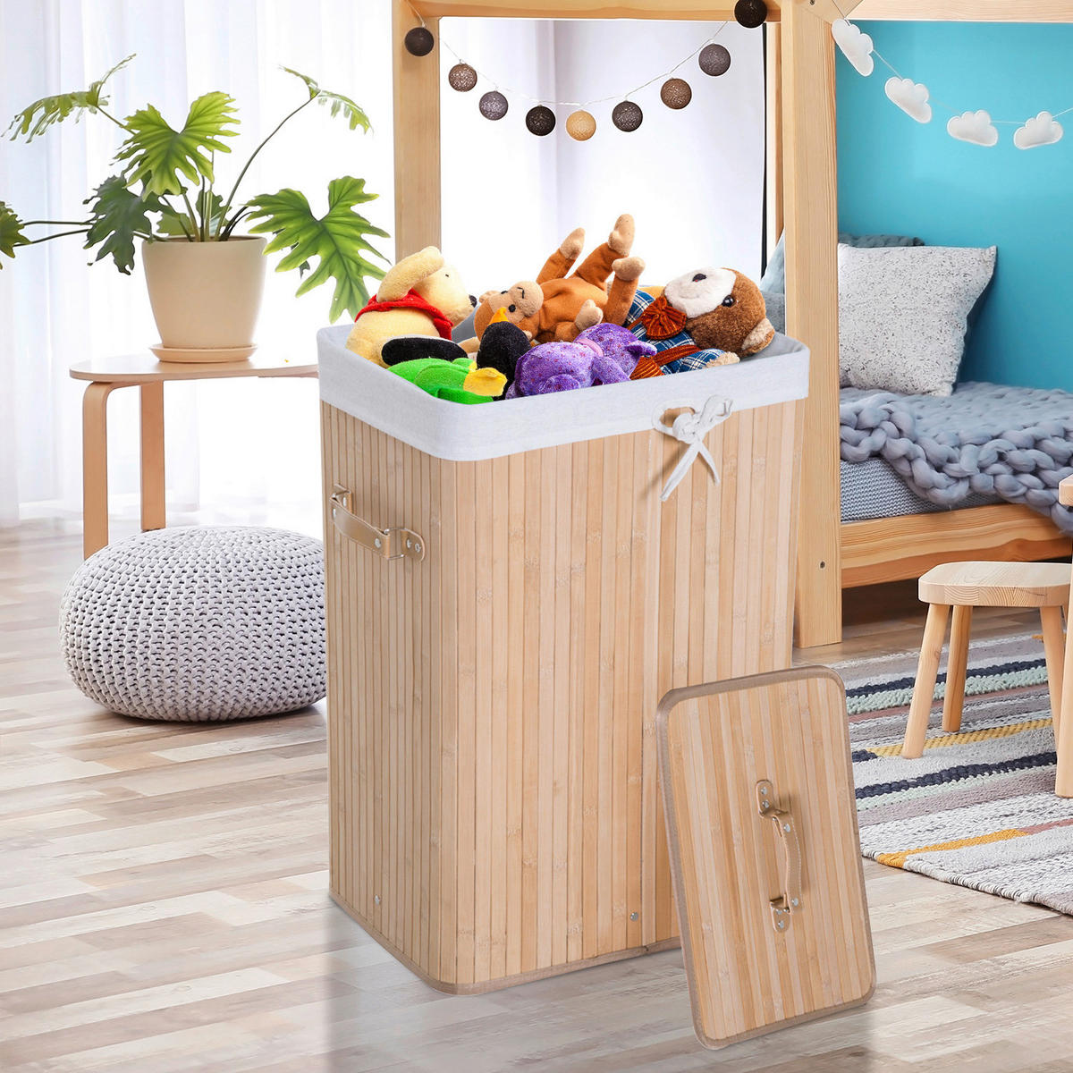 Wäschekorb mit 2 Tragegriffen natur Bambus Stoff Kunststoff B/H/L: ca. 30x60x40 cm Wäschekorb 850-017 - natur (40,00/30,00/60,00cm) - HOMCOM