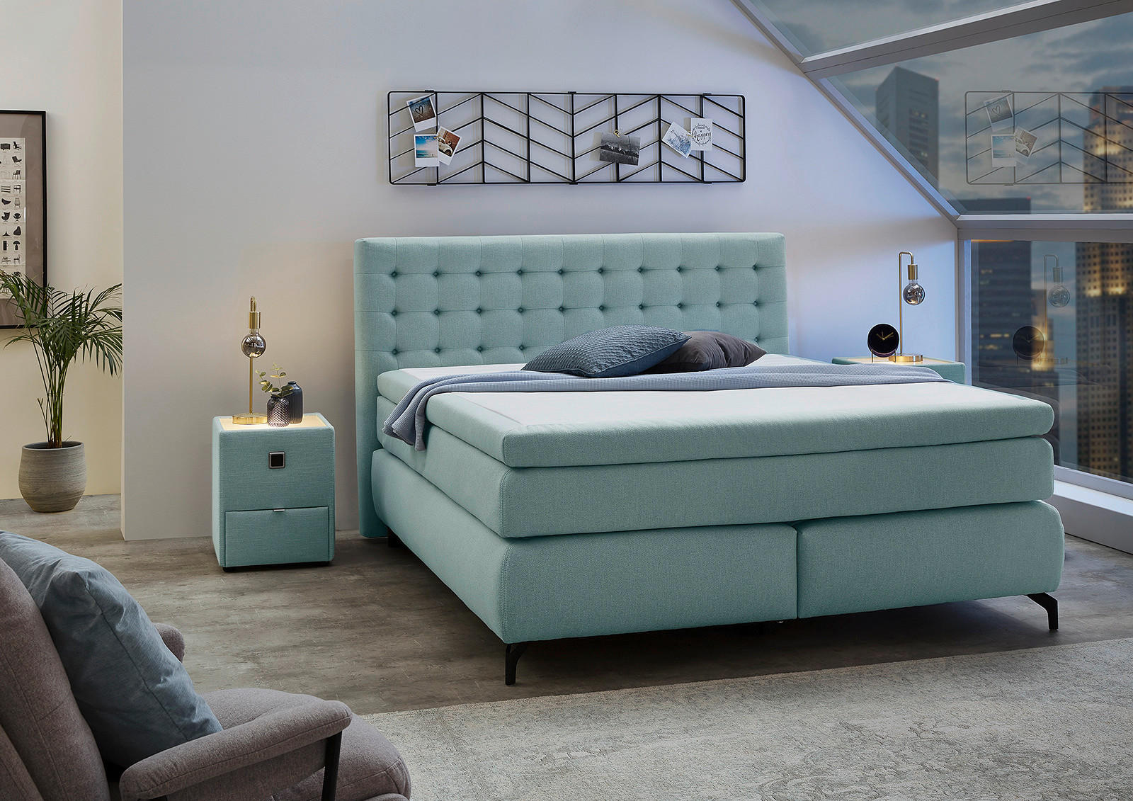 Boxspringbett  türkis Flachgewebe Liegefläche B/L: ca. 180x200 cm Jessica_Boxspringbett - schwarz/türkis (194,00/122,00/216,00cm)