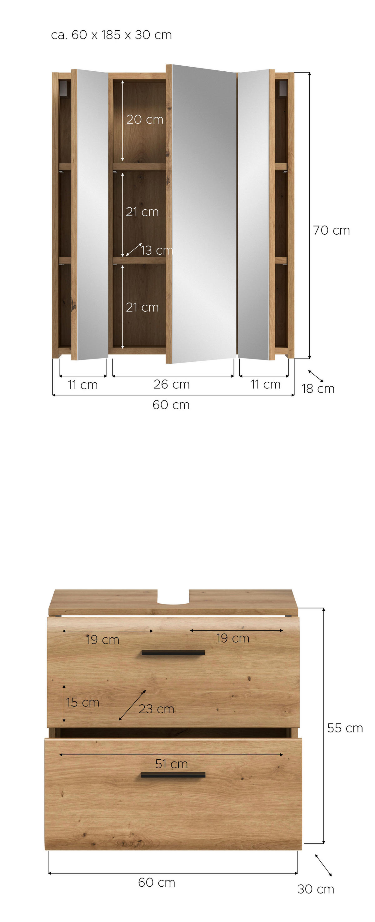 Badezimmer-Set Ice Artisan Oak Nachbildung B/H/T: ca. 60x185x30 cm Ice - (60,00/185,00/30,00cm) - xonox.home