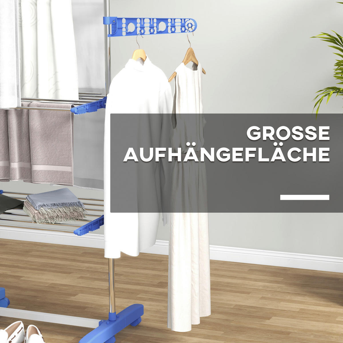 HOMCOM Wäscheständer blau Kunststoff B/H/L: ca. 55x142x152 cm Trockenständer - blau (152,00/55,00/142,00cm) - HOMCOM