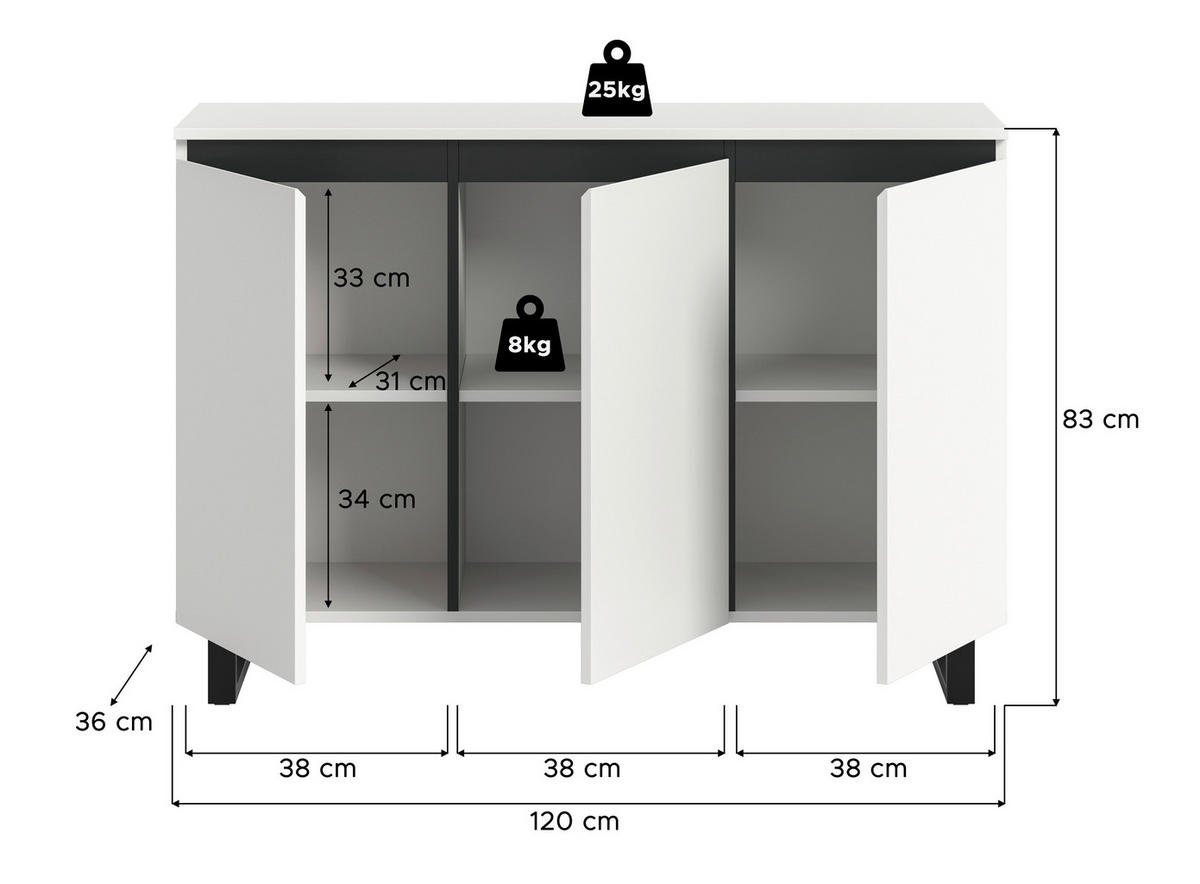 Sideboard Tomasa weiß schwarz B/H/T: ca. 120x84x36 cm Tomasa - weiß/schwarz (120,00/84,00/36,00cm) - xonox.home