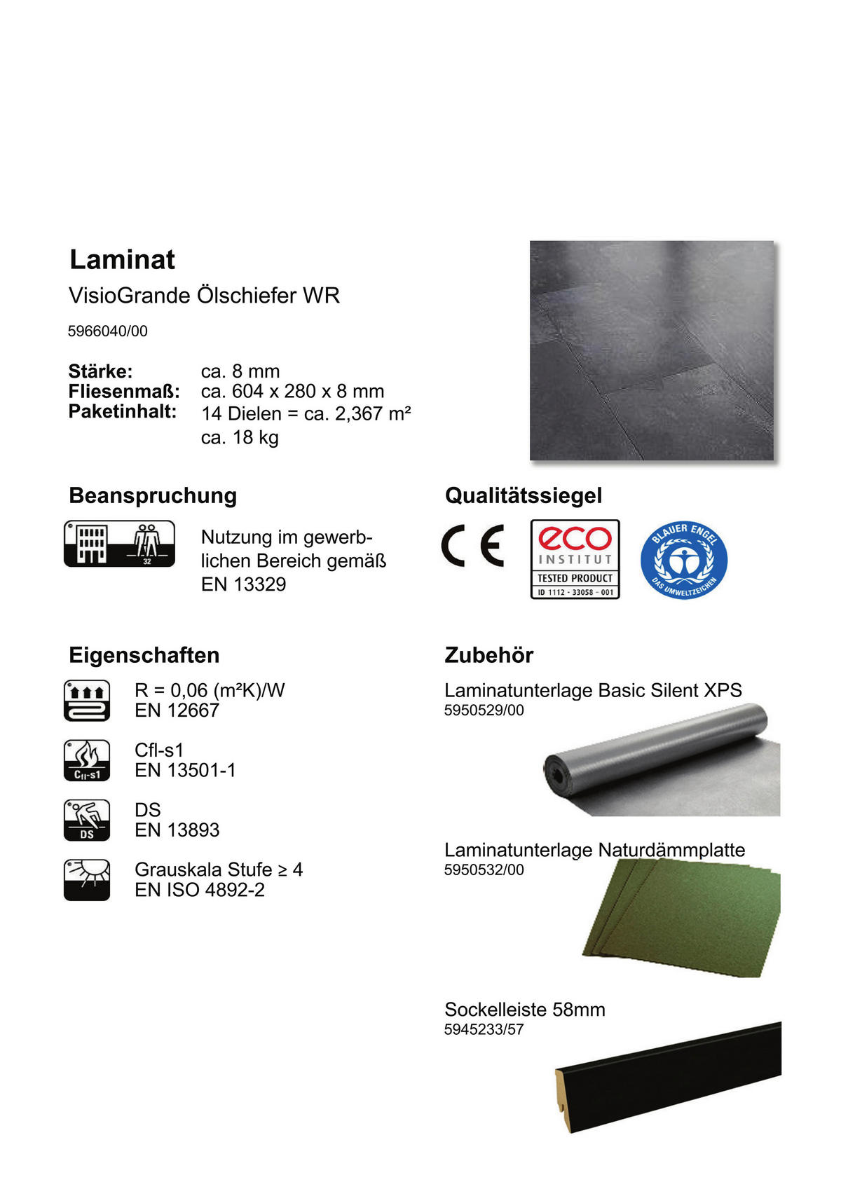 Visiogrande Laminatboden Ölschiefer ca. 2,367 m² im Paket  B/L: ca. 28x60,4 cm pro Paket Ölschiefer ca. 2,367 m² im Paket - Schiefergrau (28,00/60,40cm) - Visiogrande