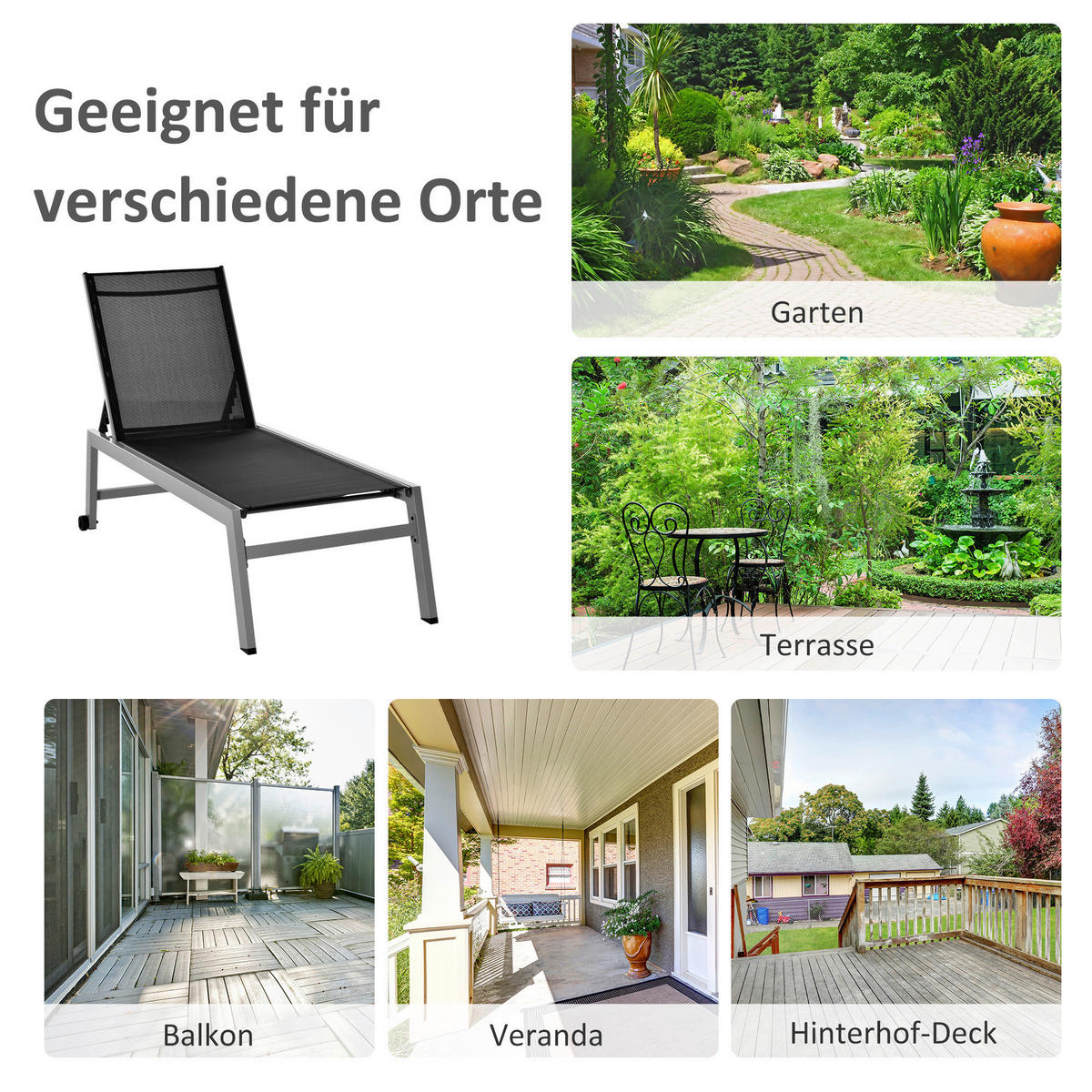 Outsunny Gartenliege schwarz Aluminium B/H/L: ca. 65x102x169 cm Gartenliege - schwarz (169,00/65,00/102,00cm) - Outsunny