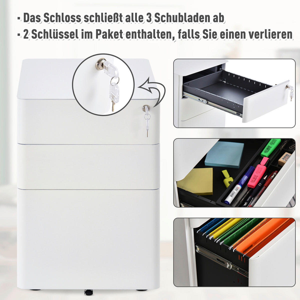 Rollcontainer 924-006WT weiß B/H/T: ca. 39x59x48 cm 924-006WT - weiß (39,00/59,00/48,00cm) - Vinsetto