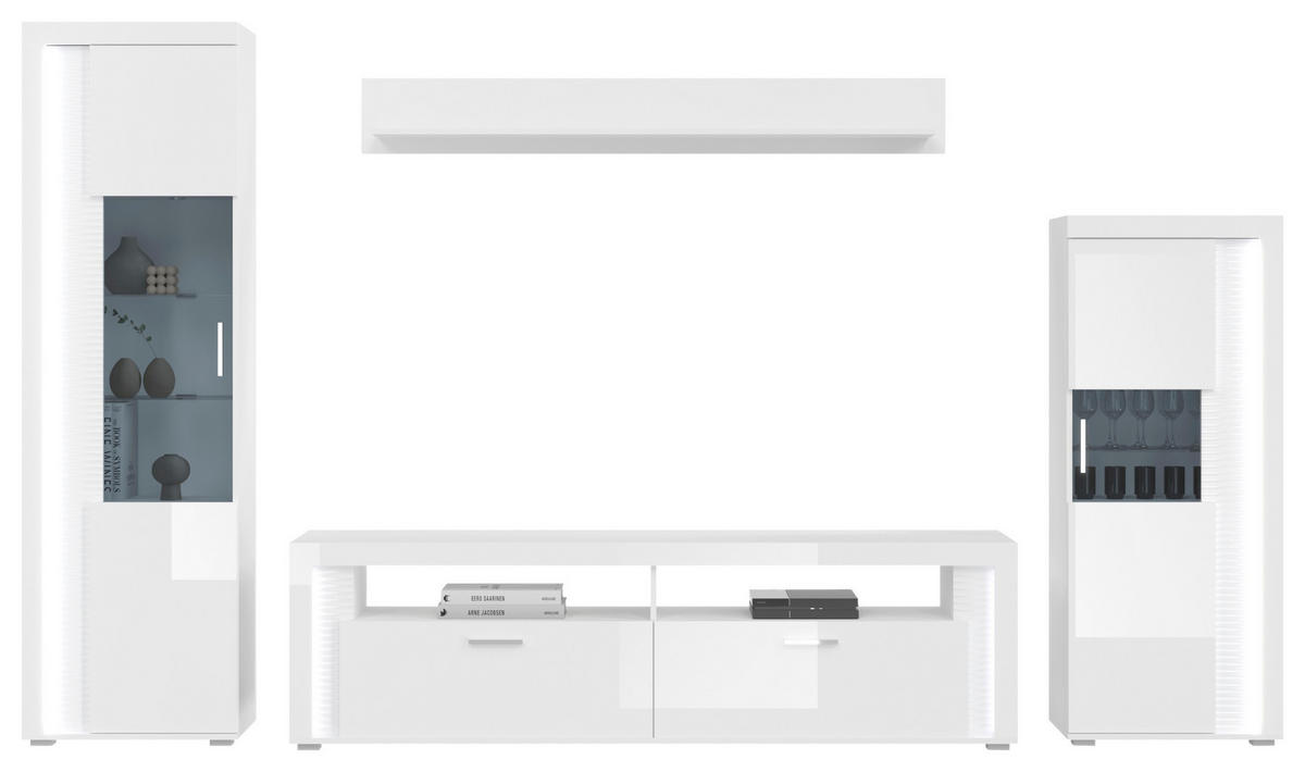 Wohnwand SKYLIGHT weiß weiß Hochglanz Pasol grau B/H/T: ca. 351x202x46 cm SKYLIGHT - weiß/Pasol grau (351,00/202,00/46,00cm) - xonox.home