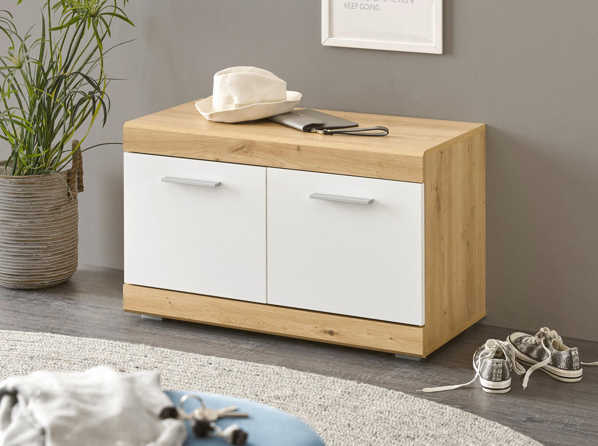 Sitzbank Nola Eiche Artisan Nachbildung weiß Hochglanz B/H/T: ca. 80x49x38 cm Nola - Eiche/weiß (80,00/49,00/38,00cm)