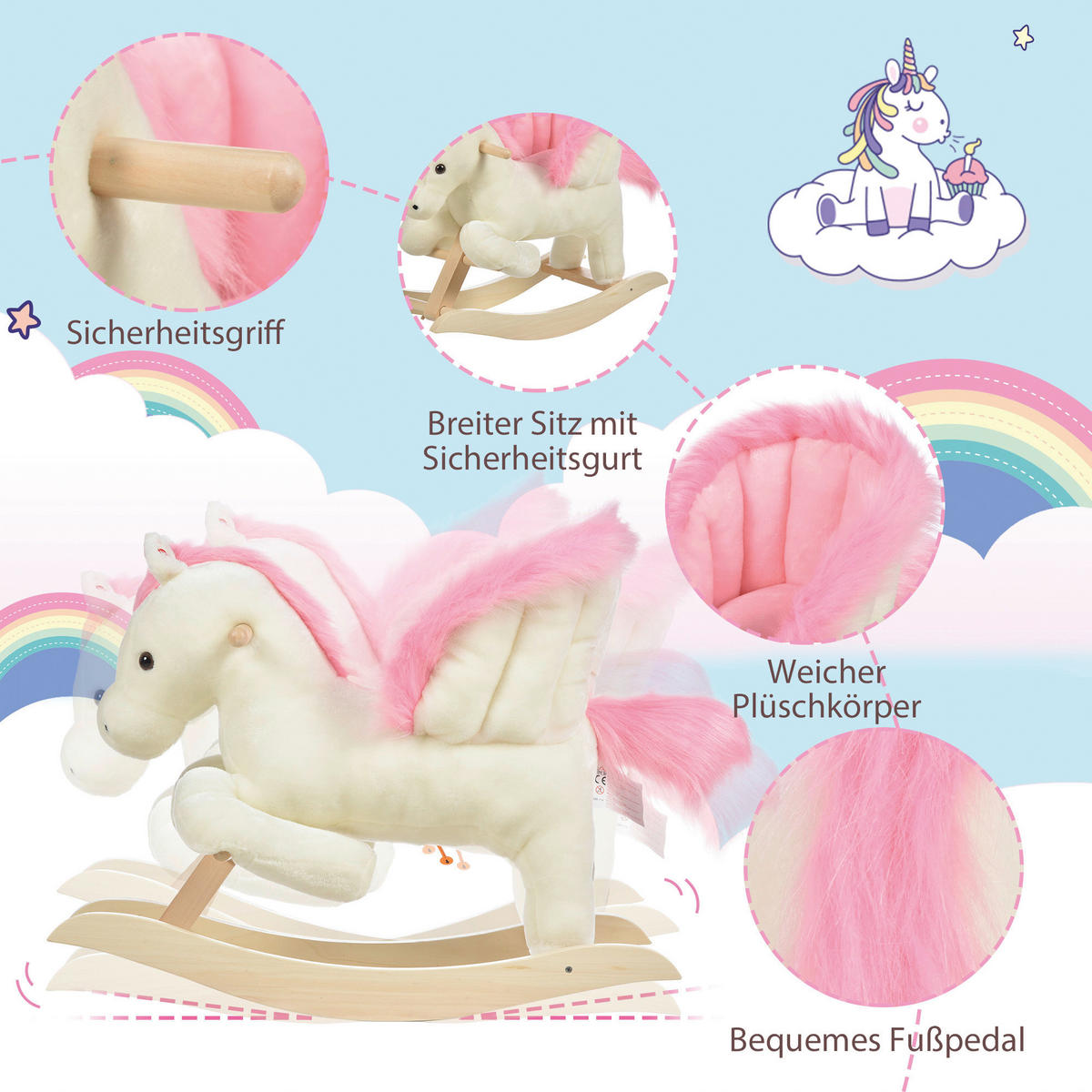 HOMCOM Kinder-Schaukelpferd B/H/L: ca. 28x57x70 cm Schaukelpferd - weiß/rosa (70,00/28,00/57,00cm) - HOMCOM