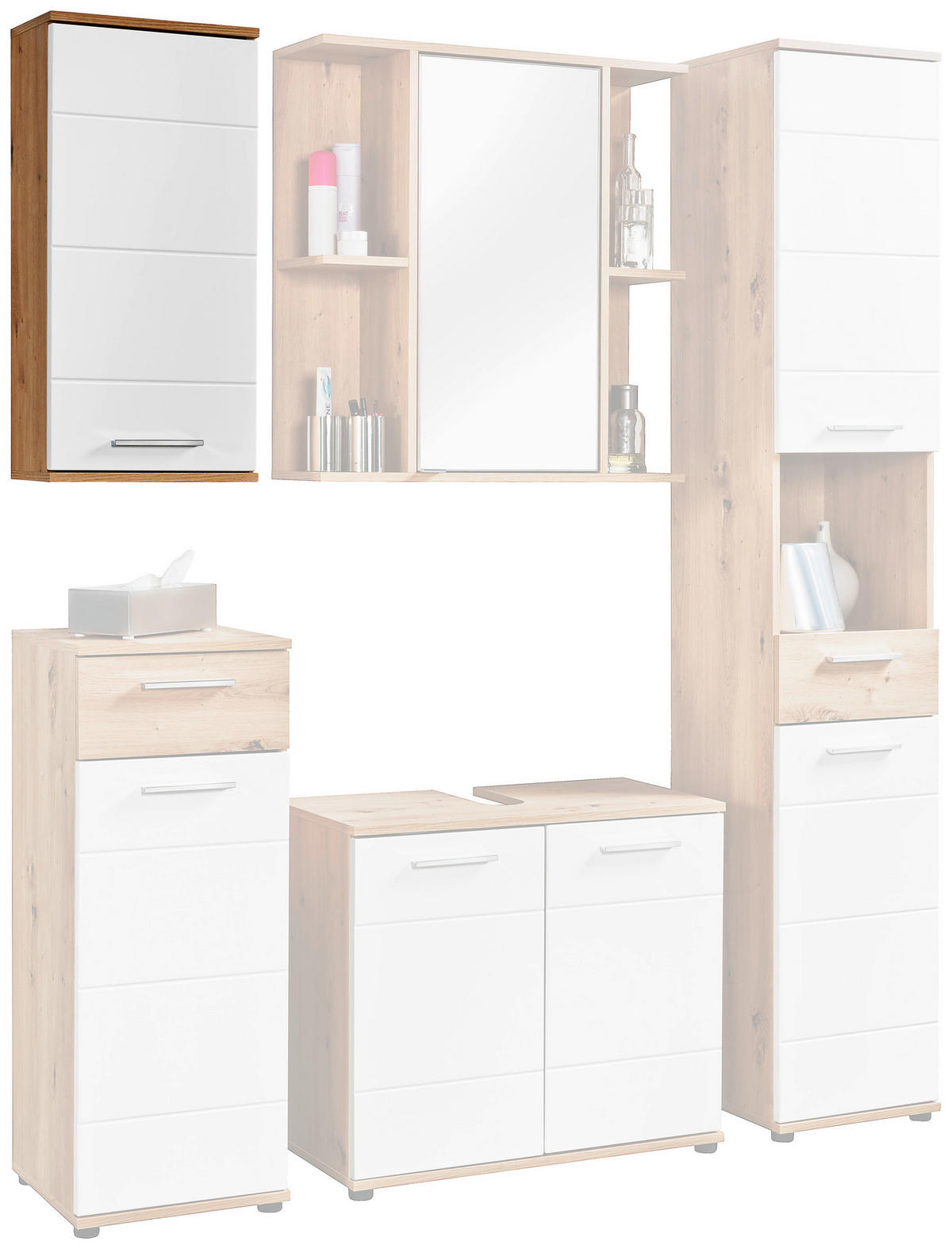 Badhängeschrank Bergen Eiche Artisan Nachbildung weiß Hochglanz B/H/T: ca. 35x74x23 cm Bergen - Eiche/weiß (35,00/74,00/23,00cm)