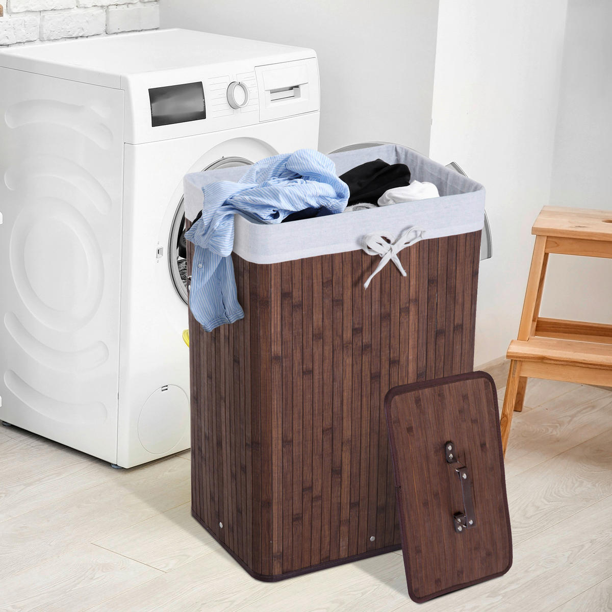 Wäschekorb mit 2 Tragegriffen dunkelbraun Bambus Stoff Kunststoff B/H/L: ca. 30x60x40 cm Wäschekorb 850-017BN - dunkelbraun (40,00/30,00/60,00cm) - HOMCOM