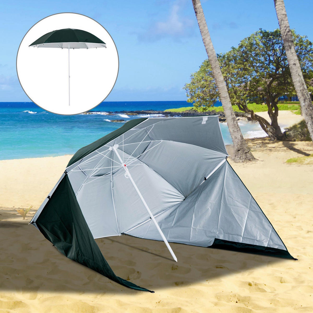 Outsunny Strandschirm-/Strandzelt 2in1 dunkelgrün Metall H/D: ca. 222x210 cm Strandschirm Strandzelt 2in1 - weiß/dunkelgrün (210,00/222,00cm) - Outsunny
