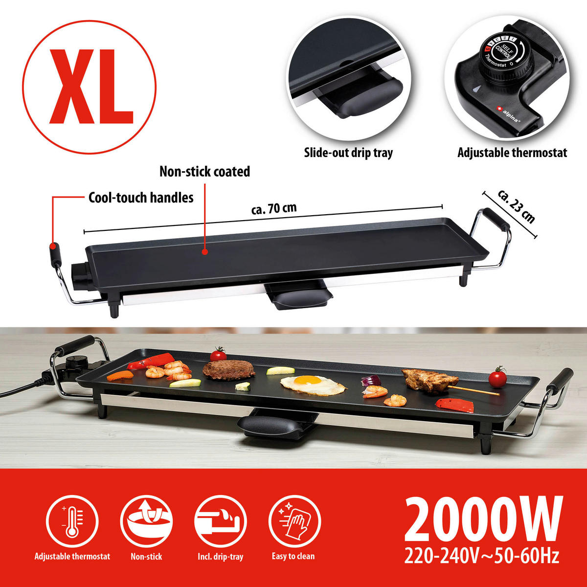 Alpina Elektro-Tischgrill schwarz Metall B/L: ca. 70x23 cm Grillplatte-Teppanyaki - schwarz (70,00/23,00cm) - Alpina