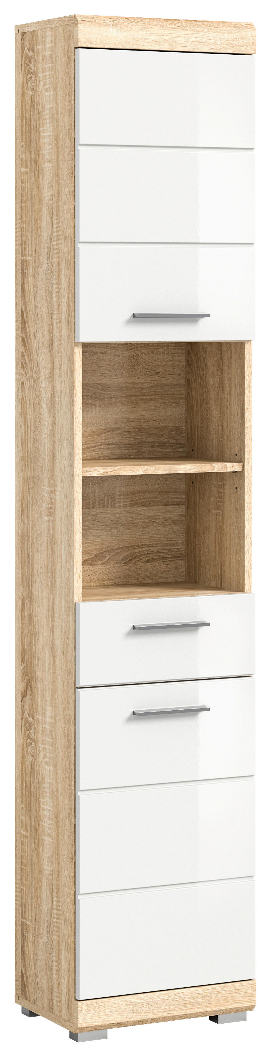 Badhochschrank LAMBADA Eiche Sonoma hell Nachbildung weiß Hochglanz B/H/T: ca. 37x191x31 cm LAMBADA - Eiche/weiß (37,00/191,00/31,00cm) - xonox.home