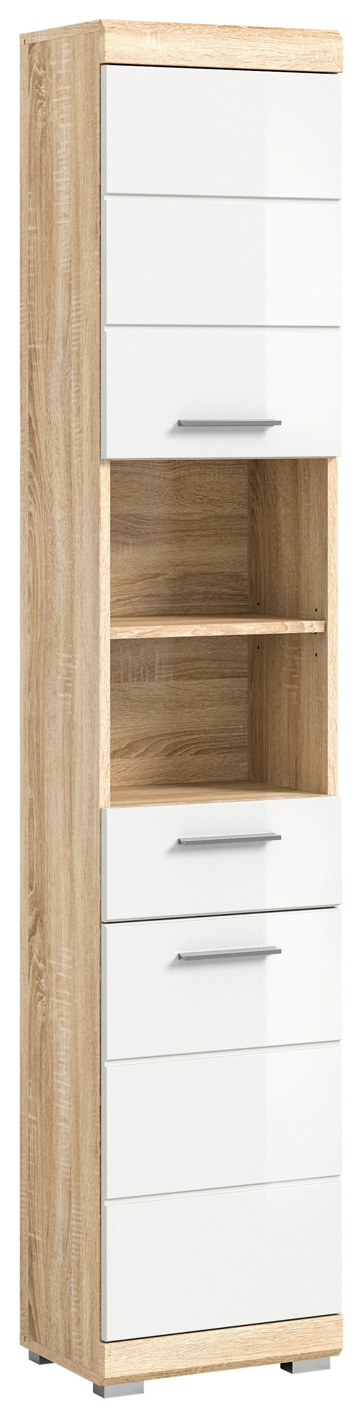 Badhochschrank LAMBADA Eiche Sonoma hell Nachbildung weiß Hochglanz B/H/T: ca. 37x191x31 cm LAMBADA - Eiche/weiß (37,00/191,00/31,00cm) - xonox.home