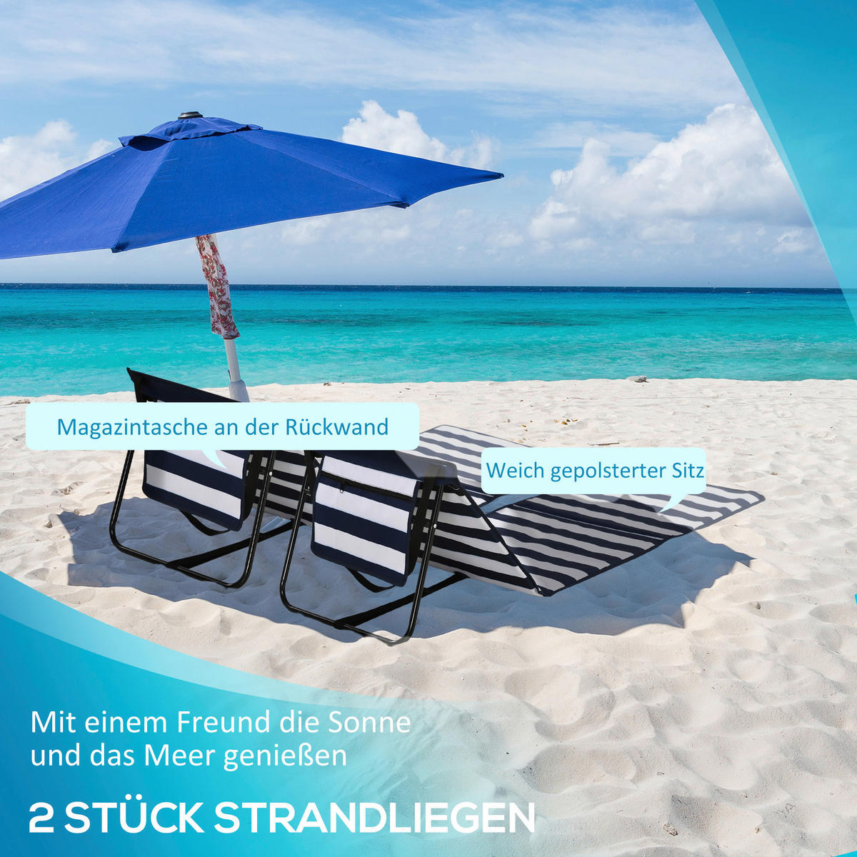 Outsunny Strandliegen blau Polyester B/H/L: ca. 51x40x142 cm Strandliegen - blau/weiß (142,00/51,00/40,00cm) - Outsunny