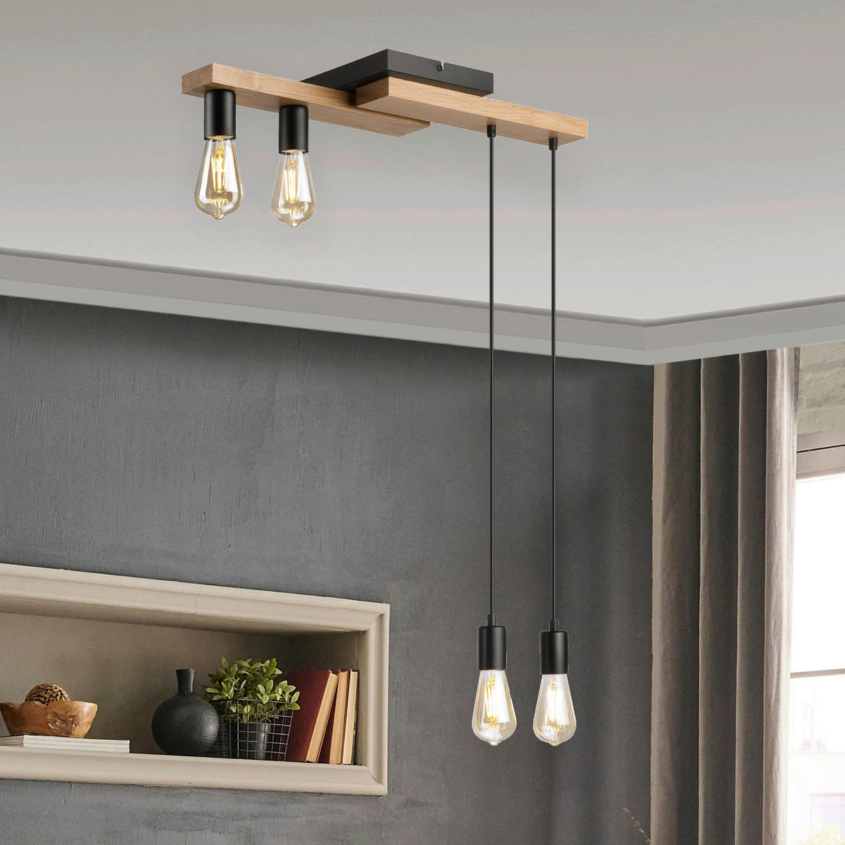 Lamkur Pendelleuchte weiß Holz B/H/L: ca. 20x86x64 cm E27 4 Brennstellen CORTINA - weiß (64,00/20,00/86,00cm) - Lamkur