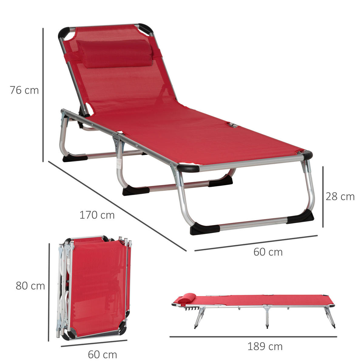 Outsunny Gartenliege rot Aluminium B/H/L: ca. 60x28x189 cm Gartenliege - rot (189,00/60,00/28,00cm) - Outsunny