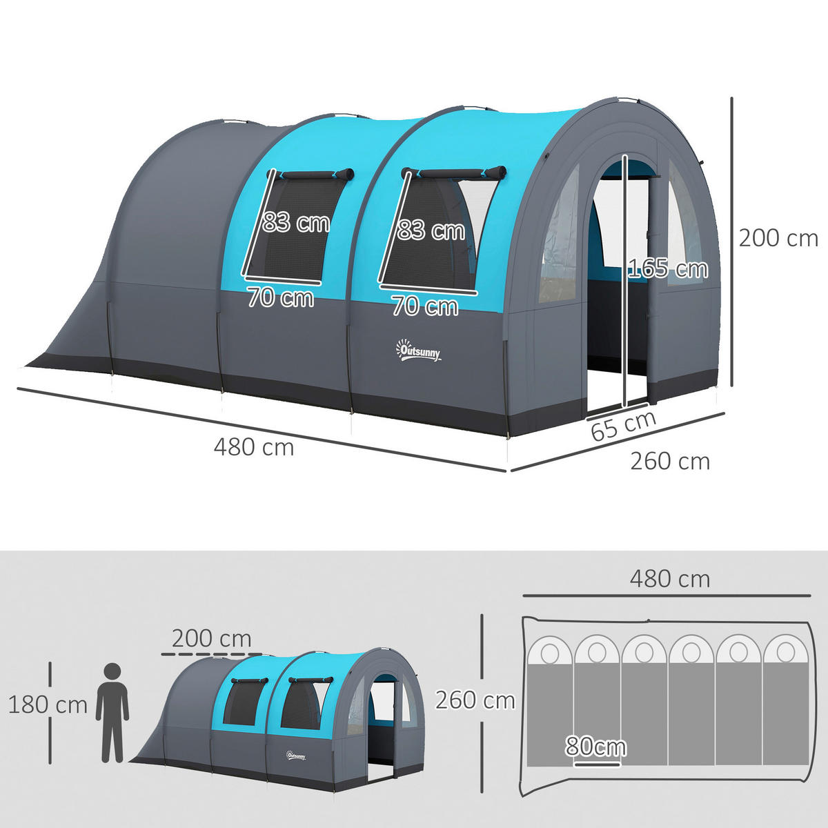 Outsunny Campingzelt B/H/L: ca. 260x200x480 cm Campingzelt - grau (480,00/260,00/200,00cm) - Outsunny
