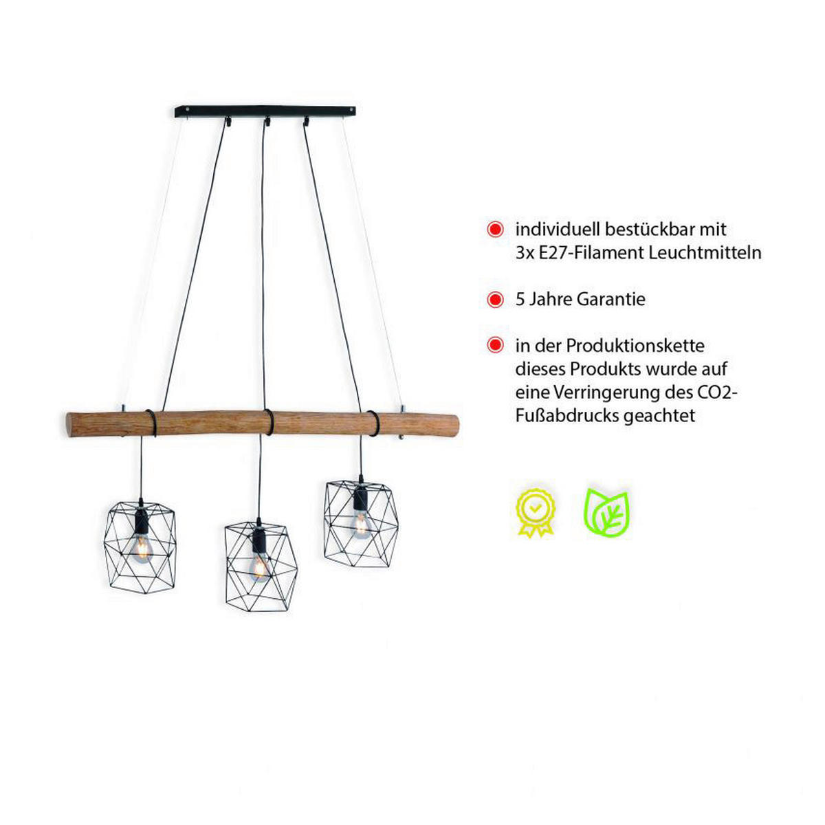 Just Light Pendelleuchte 15503-18 Eisen Holz Kunststoff B: ca. 120 cm E27 3 Brennstellen Pendelleuchte_Edgar - (120,00cm) - Just Light
