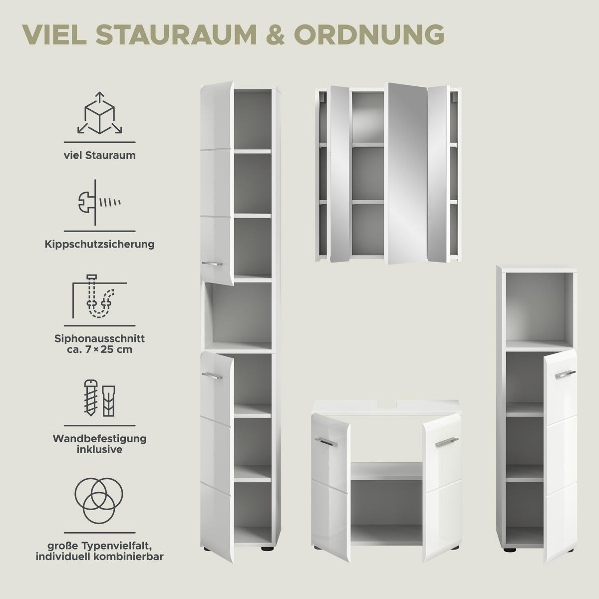 Badezimmer-Set Ice weiß weiß Hochglanz B/H/T: ca. 150x185x30 cm Ice - weiß (150,00/185,00/30,00cm) - xonox.home