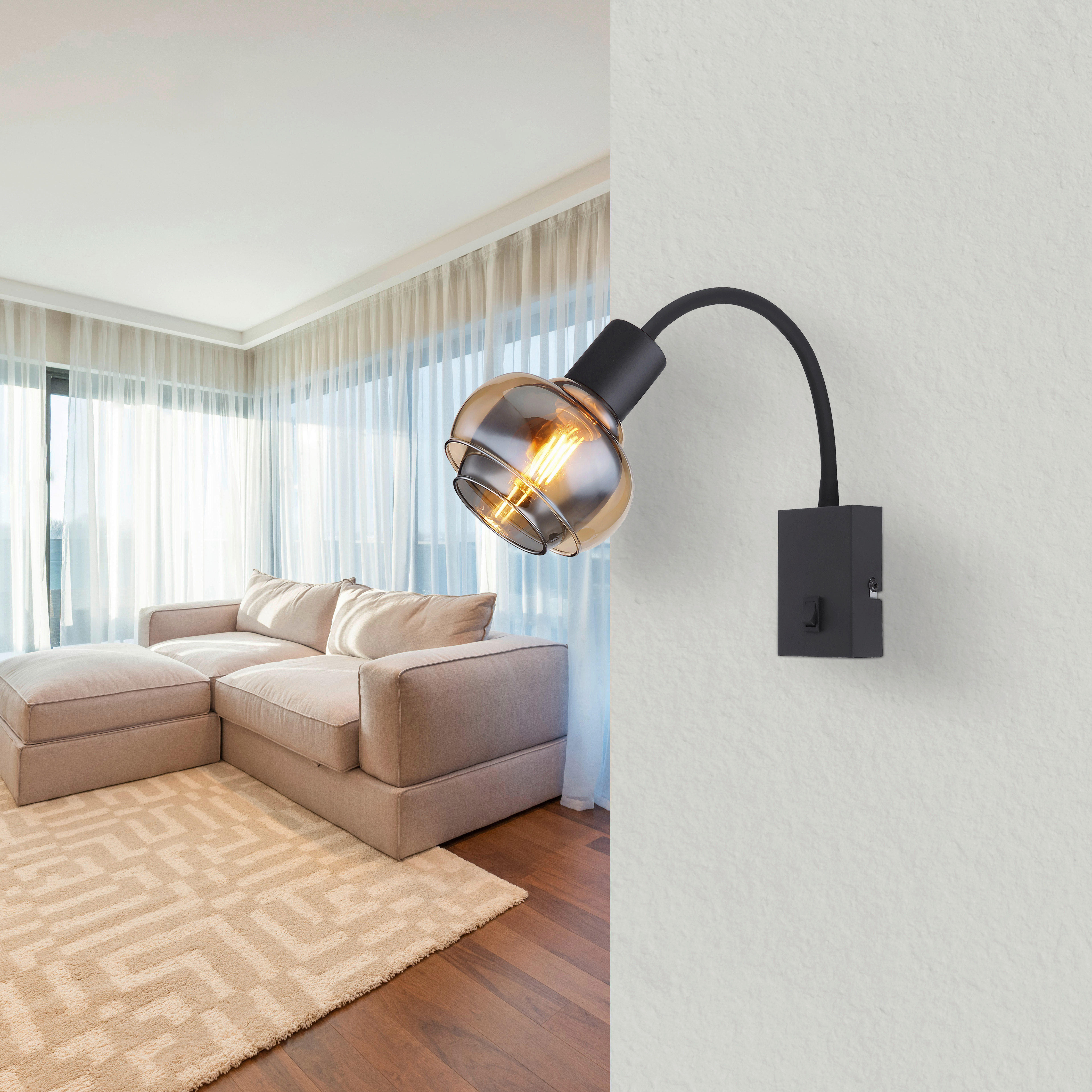 GLOBO Wandleuchte Rauch schwarz Metall Glas B/H: ca. 10,5x46,5 cm E14 1 Brennstellen TOKKI - schwarz/Rauch (10,50/46,50cm) - GLOBO