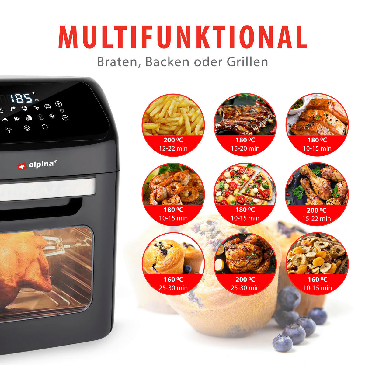 Alpina Heißluftfritteuse schwarz Kunststoff ca. 2 l Heißluftofen/-Fritteuse - schwarz (2,00l) - Alpina