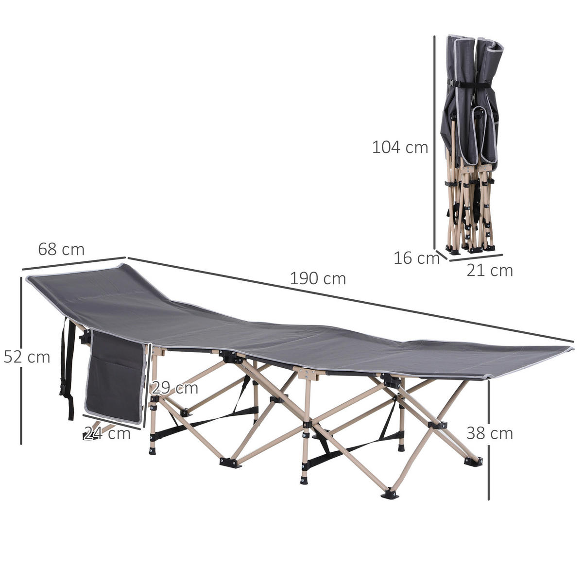 Outsunny Campingbett dunkelgrau Stahl B/H/L: ca. 68x52x190 cm Campingbett - dunkelgrau (190,00/68,00/52,00cm) - Outsunny