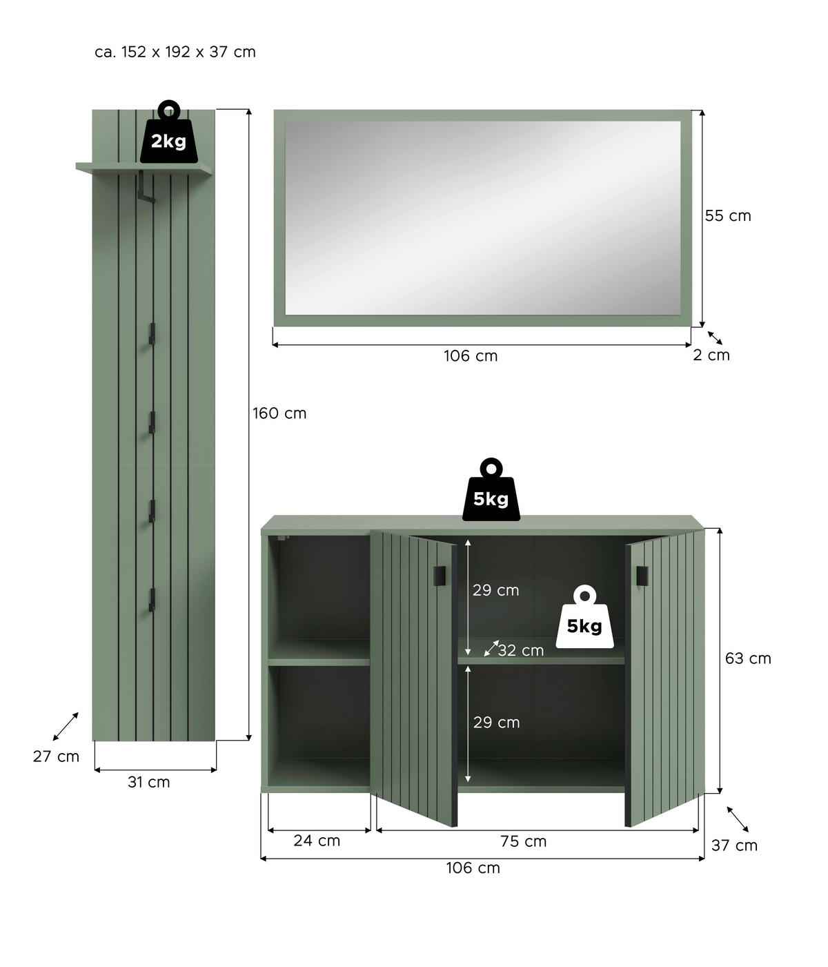 Garderobenset STATION grün B/H/T: ca. 152x192x37 cm STATION - grün (152,00/192,00/37,00cm) - xonox.home