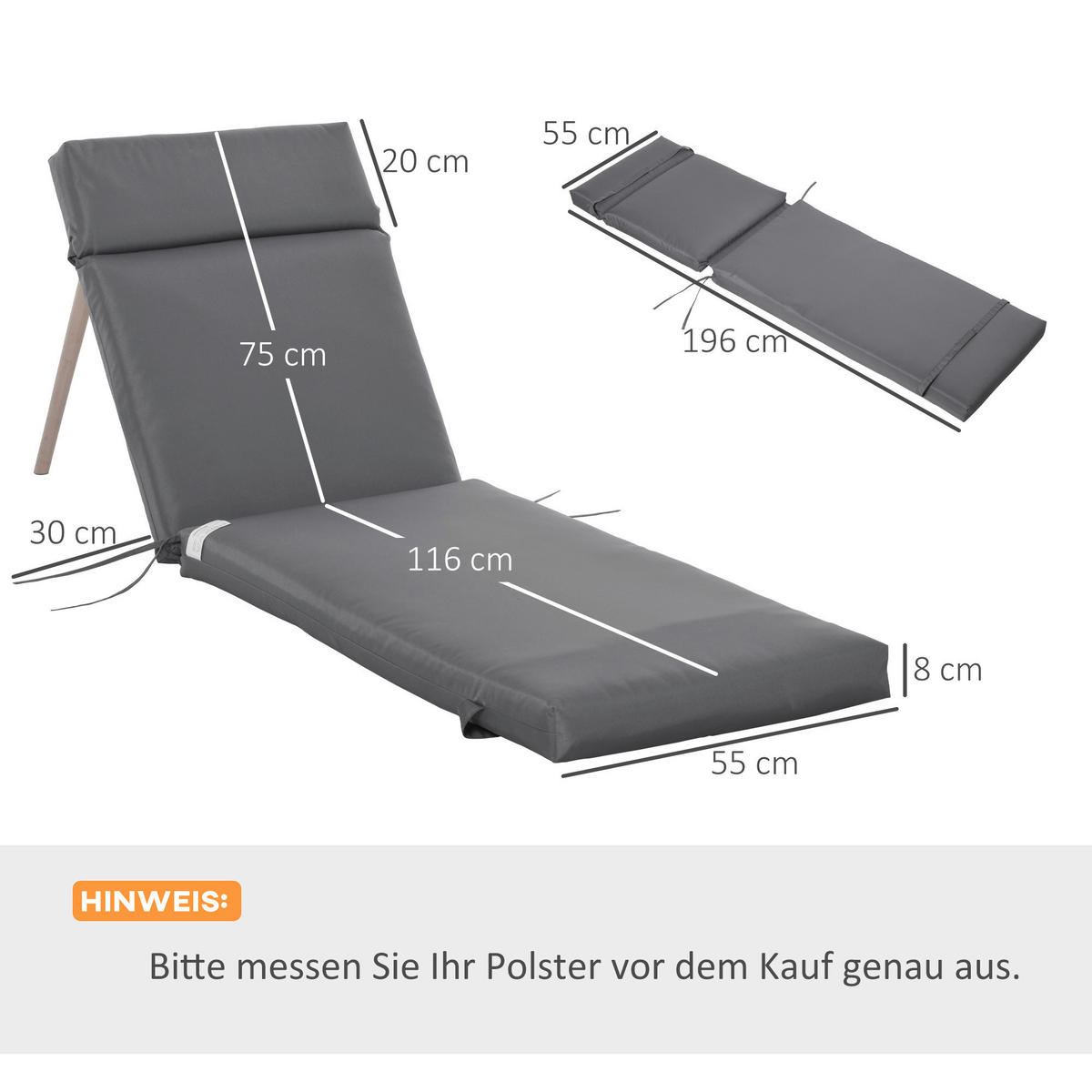 Outsunny Liegenauflage 2er Set dunkelgrau Schaumstoff B/H/L: ca. 55x8x196 cm Liegenauflage 2er Set - dunkelgrau (196,00/55,00/8,00cm) - Outsunny