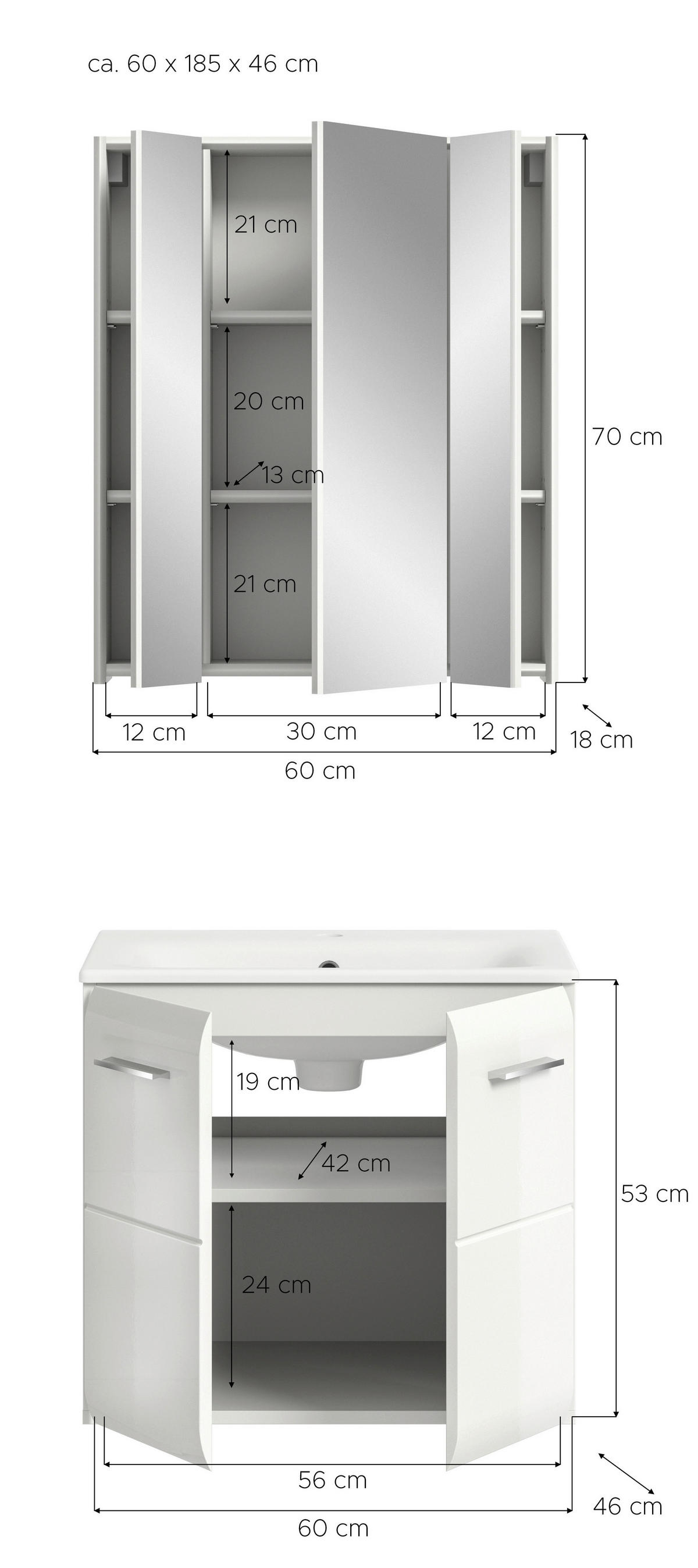 Badezimmer-Set Ice weiß weiß Hochglanz B/H/T: ca. 60x185x46 cm Ice - weiß (60,00/185,00/46,00cm) - xonox.home