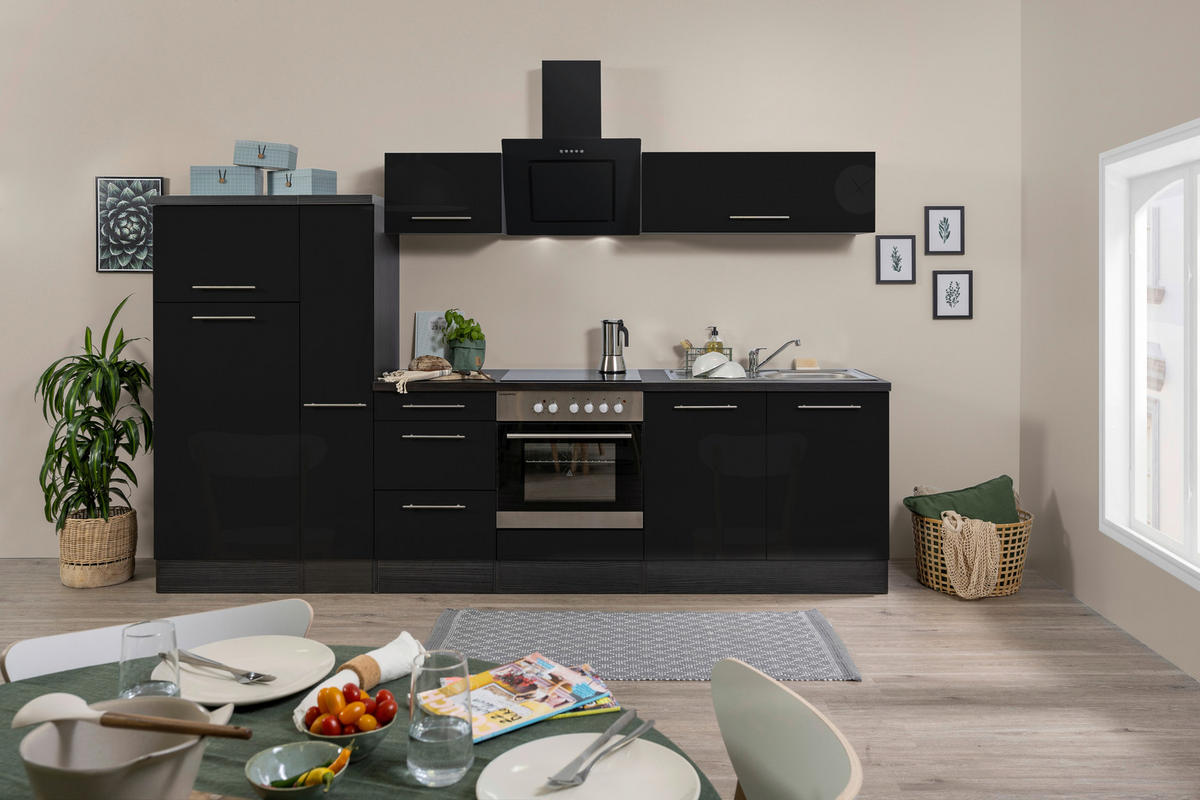 Respekta Küchenblock Amanda schwarz Hochglanz B/H/T: ca. 300x200x60 cm Amanda - schwarz/Edelstahloptik (300,00/200,00/60,00cm) - Respekta