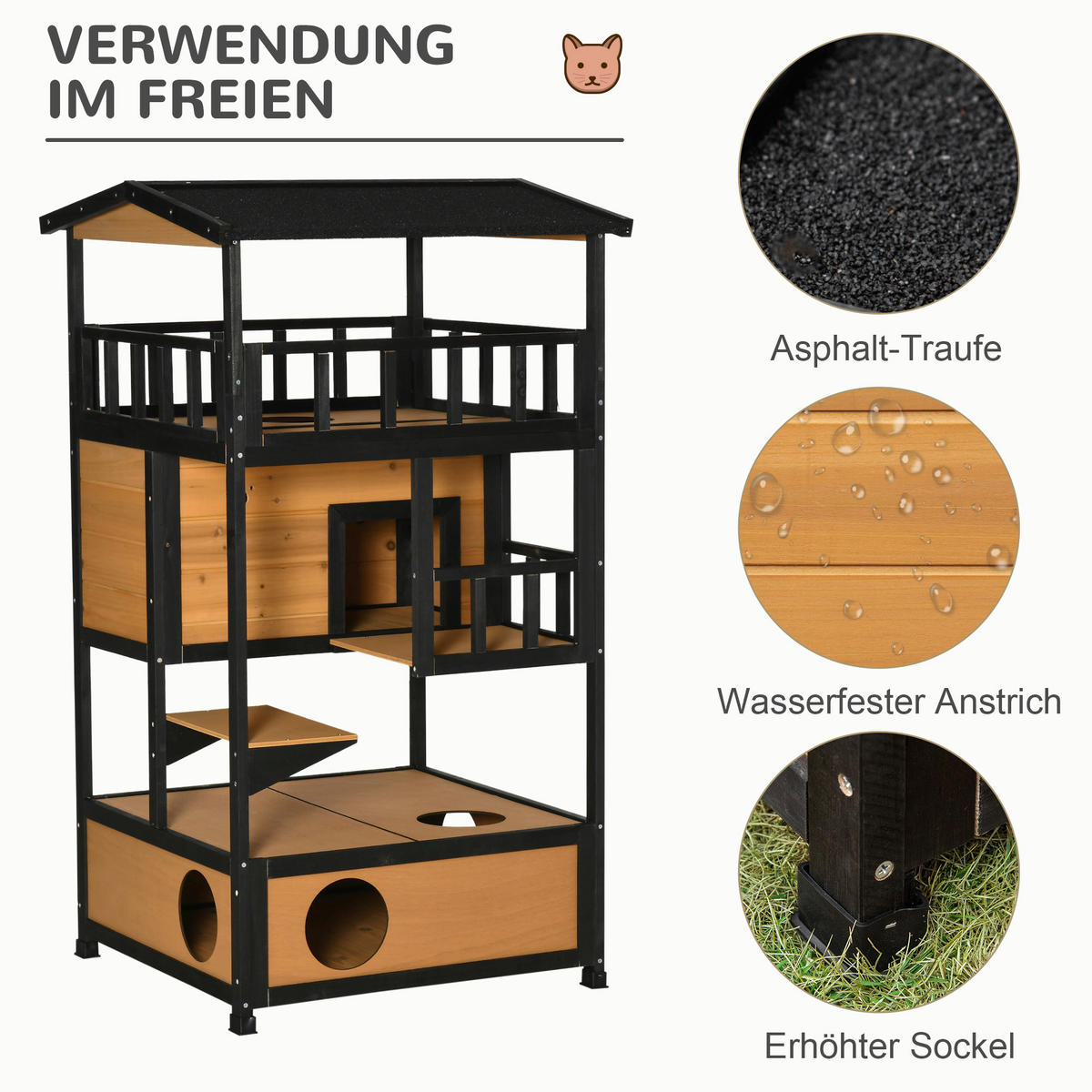 PawHut Katzenhaus schwarz Holz B/H/L: ca. 75x137x75,5 cm Katzenhaus - gelb/schwarz (75,50/75,00/137,00cm) - PawHut