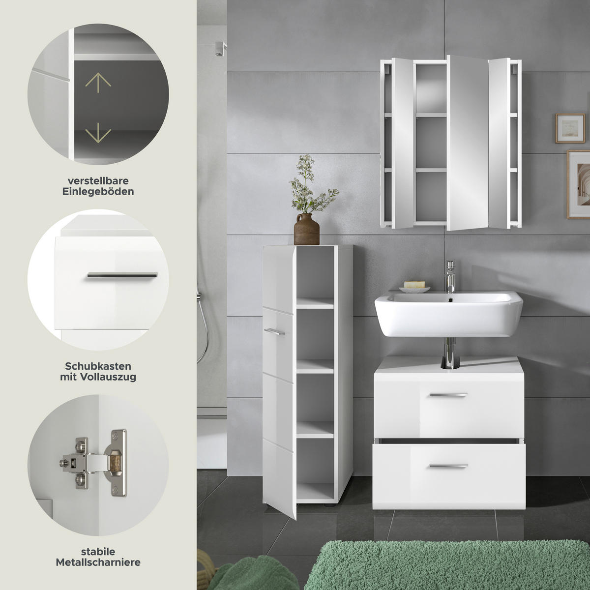 Badezimmer-Set Ice weiß weiß Hochglanz B/H/T: ca. 105x185x30 cm Ice - weiß (105,00/185,00/30,00cm) - xonox.home