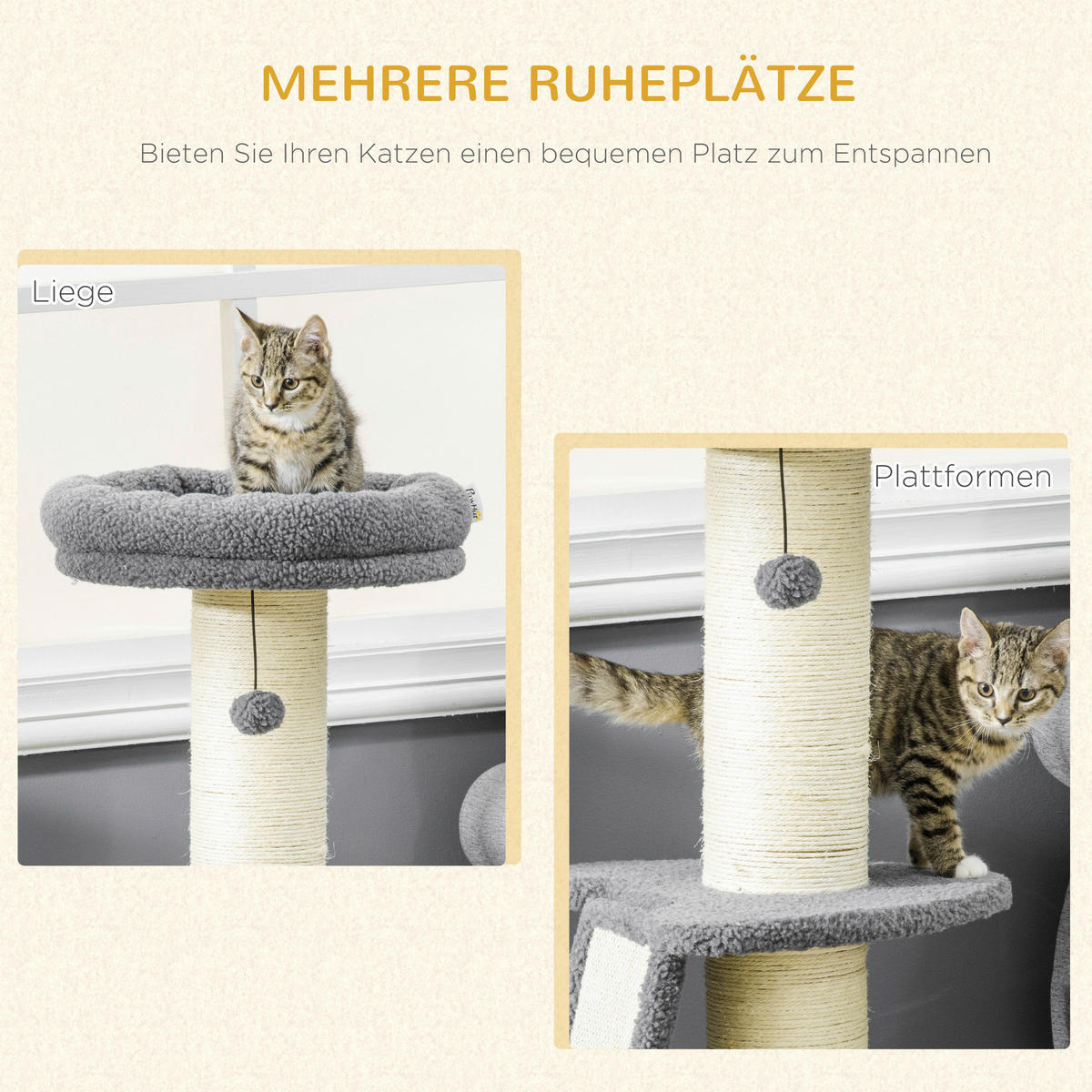 PawHut Kratzbaum cremeweiß Spanplatte B/H/L: ca. 48x48x92 cm Kratzbaum - dunkelgrau/cremeweiß (92,00/48,00/48,00cm) - PawHut