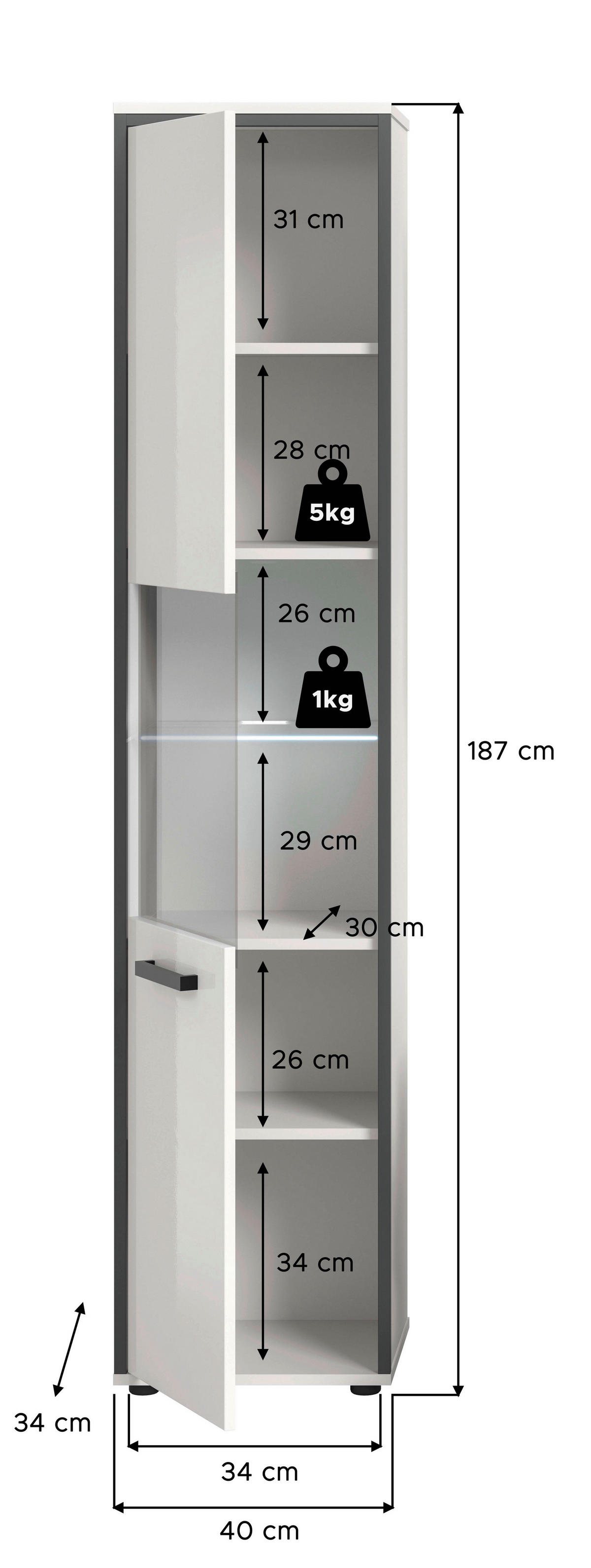 Midischrank KOJAK weiß Hochglanz anthrazit grau B/H/T: ca. 40x188x34 cm KOJAK - weiß/anthrazit (40,00/188,00/34,00cm) - xonox.home
