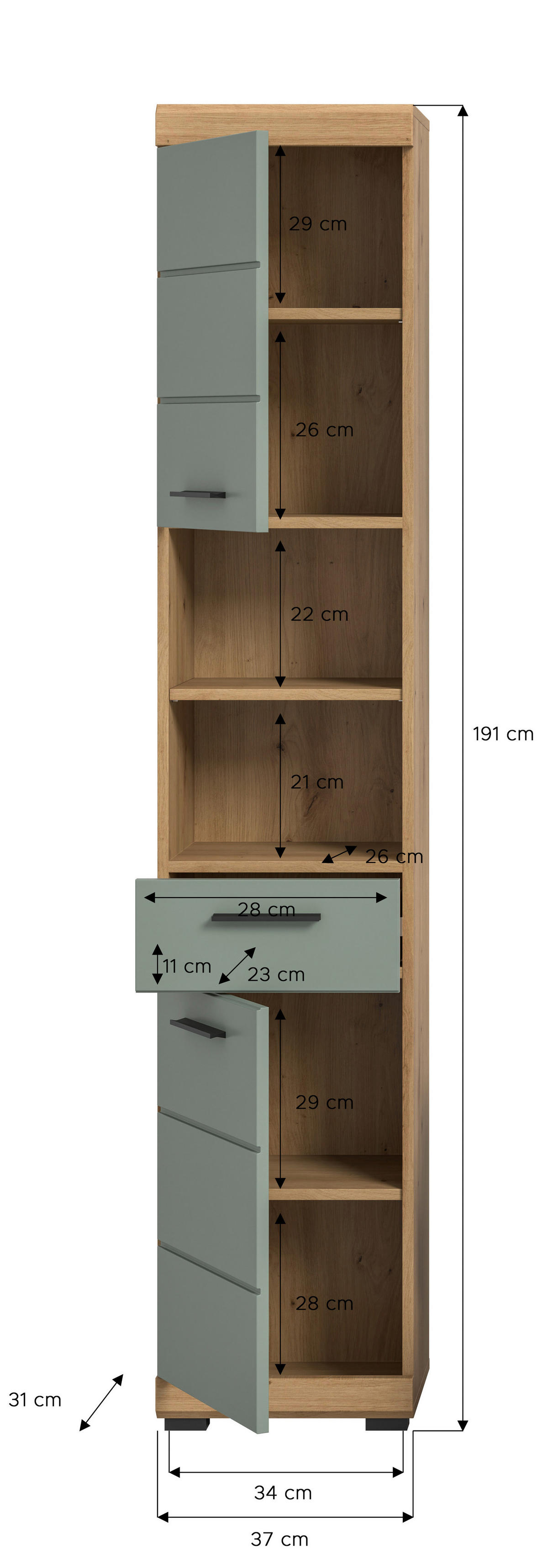 Badhochschrank Scout Eiche Artisan Nachbildung salbei Nachbildung B/H/T: ca. 37x191x31 cm Scout - Eiche/salbei (37,00/191,00/31,00cm) - xonox.home