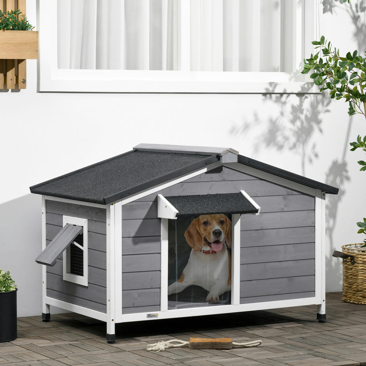 PawHut Hundehütte weiß Holz B/H/L: ca. 79x72x109 cm Hundehütte - weiß/schwarz (109,00/79,00/72,00cm) - PawHut