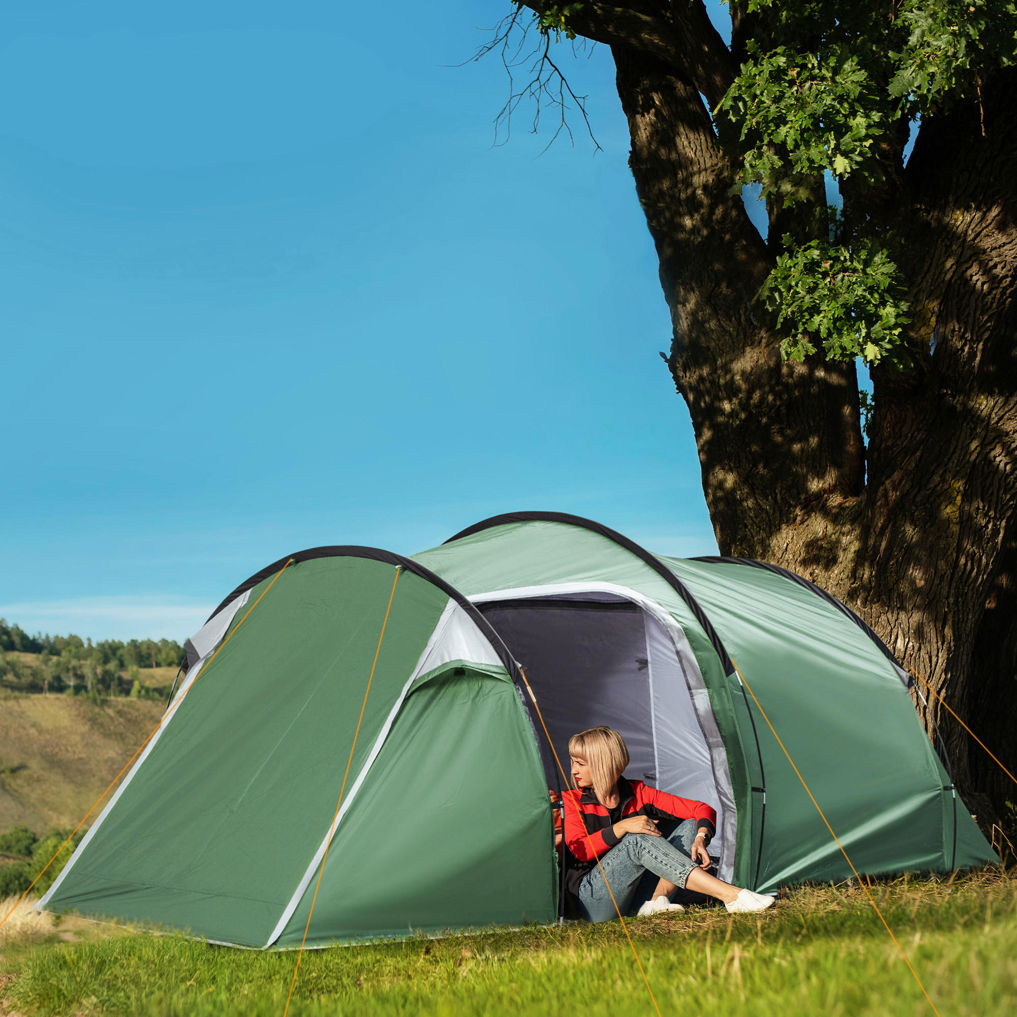 Outsunny Zelt dunkelgrün Polyester B/H/L: ca. 206x426x154 cm Tunnelzelt - schwarz/dunkelgrün (154,00/206,00/426,00cm) - Outsunny