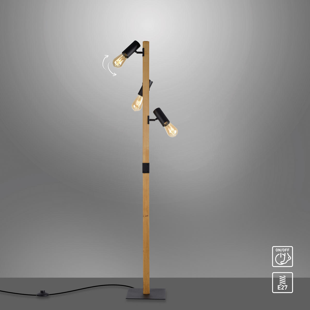 Just Light Stehleuchte PILON 15165-18 natur schwarz Metall Holz B/H/T: ca. 26x152x29 cm E27 3 Brennstellen PILON - natur/schwarz (26,00/152,00/29,00cm) - Just Light